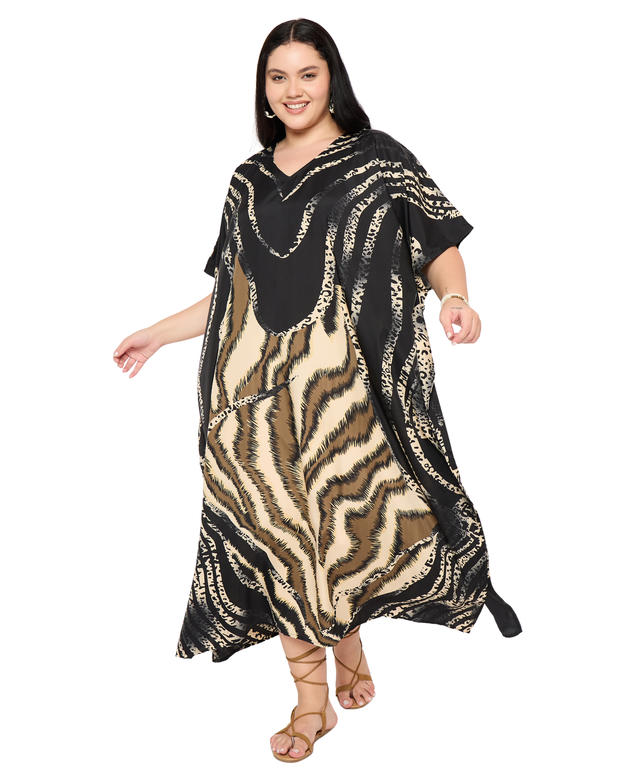 Black Striped Polyester Women Plus Size Maxi Caftan Dress