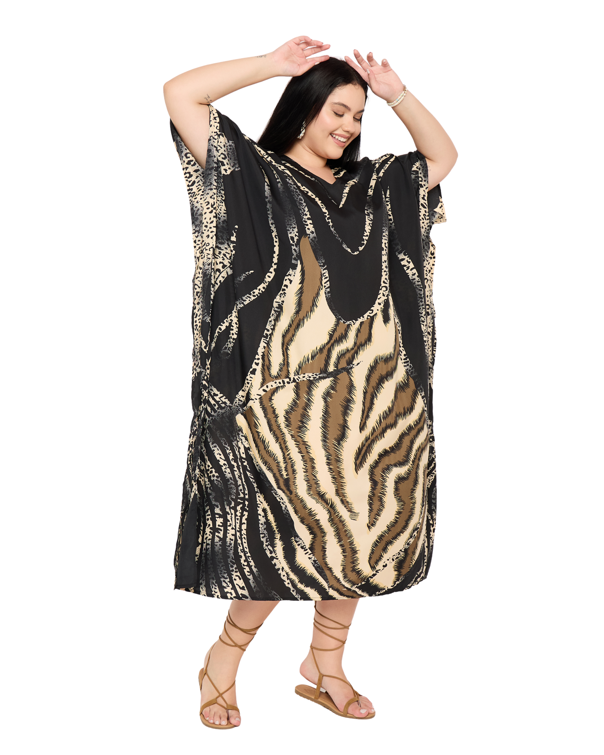 Black Striped Polyester Women Plus Size Maxi Caftan Dress