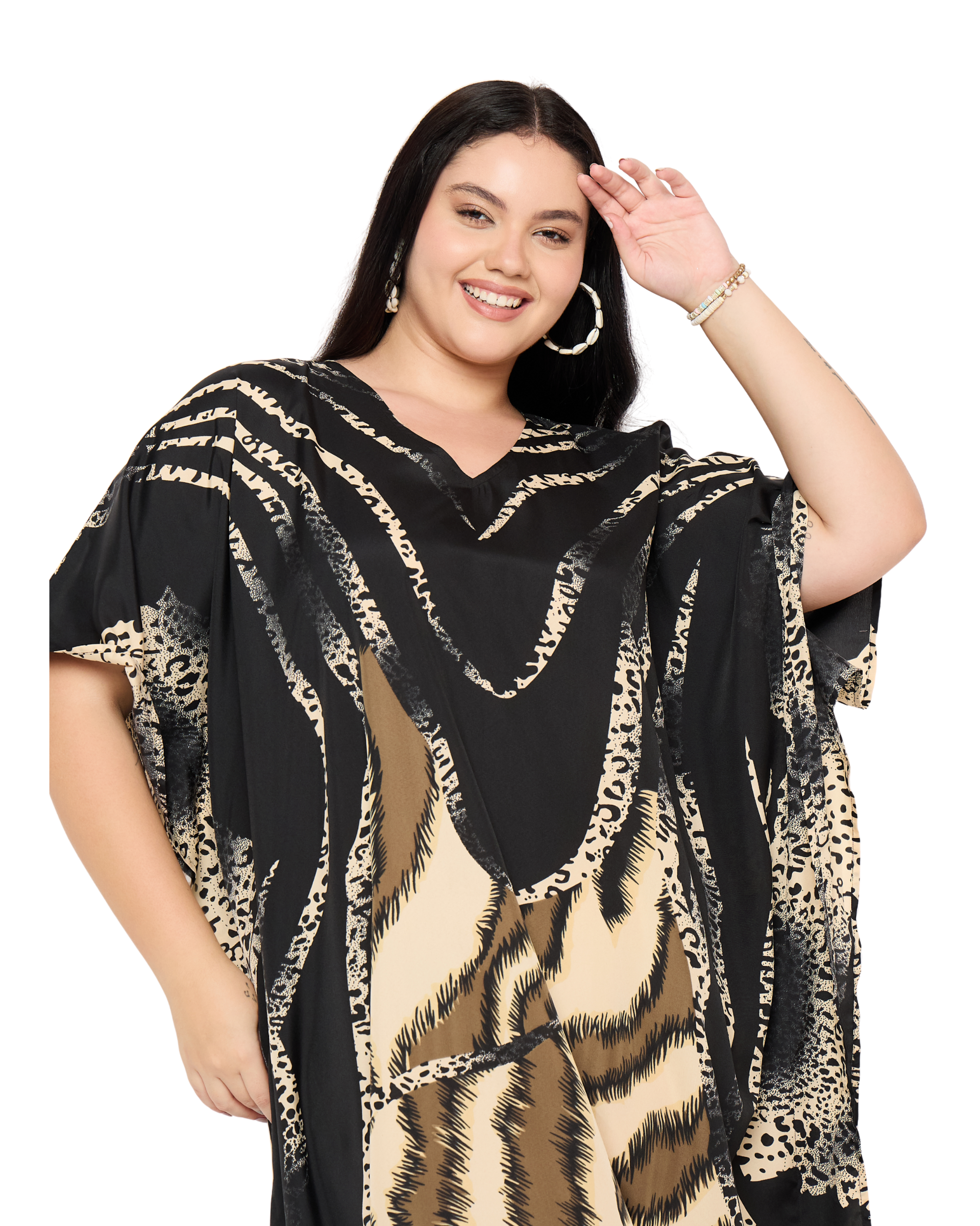 Black Striped Polyester Women Plus Size Caftan Dress