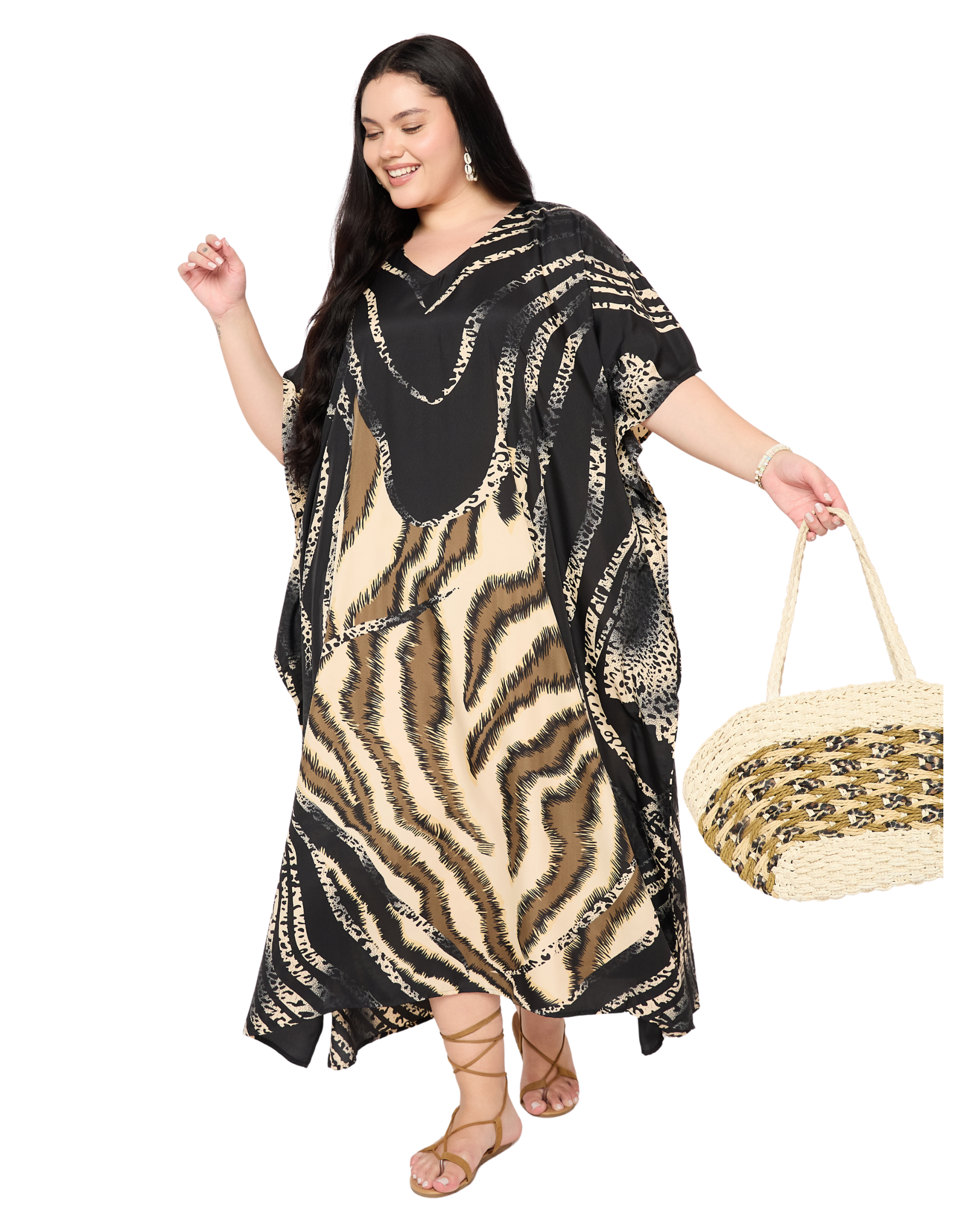 Black Striped Polyester Women Plus Size Caftan Dress