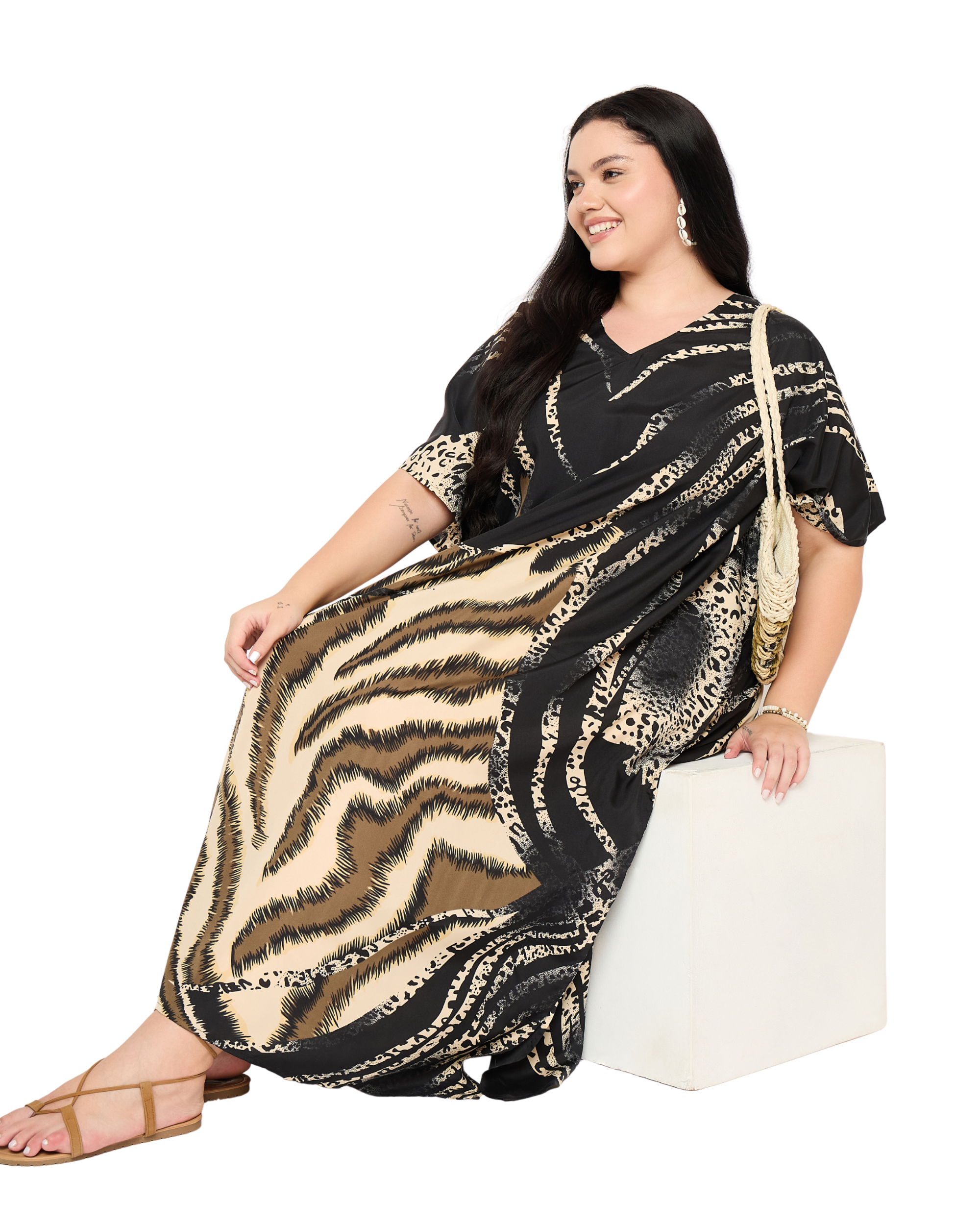 Black Striped Polyester Women Plus Size Caftan Dress