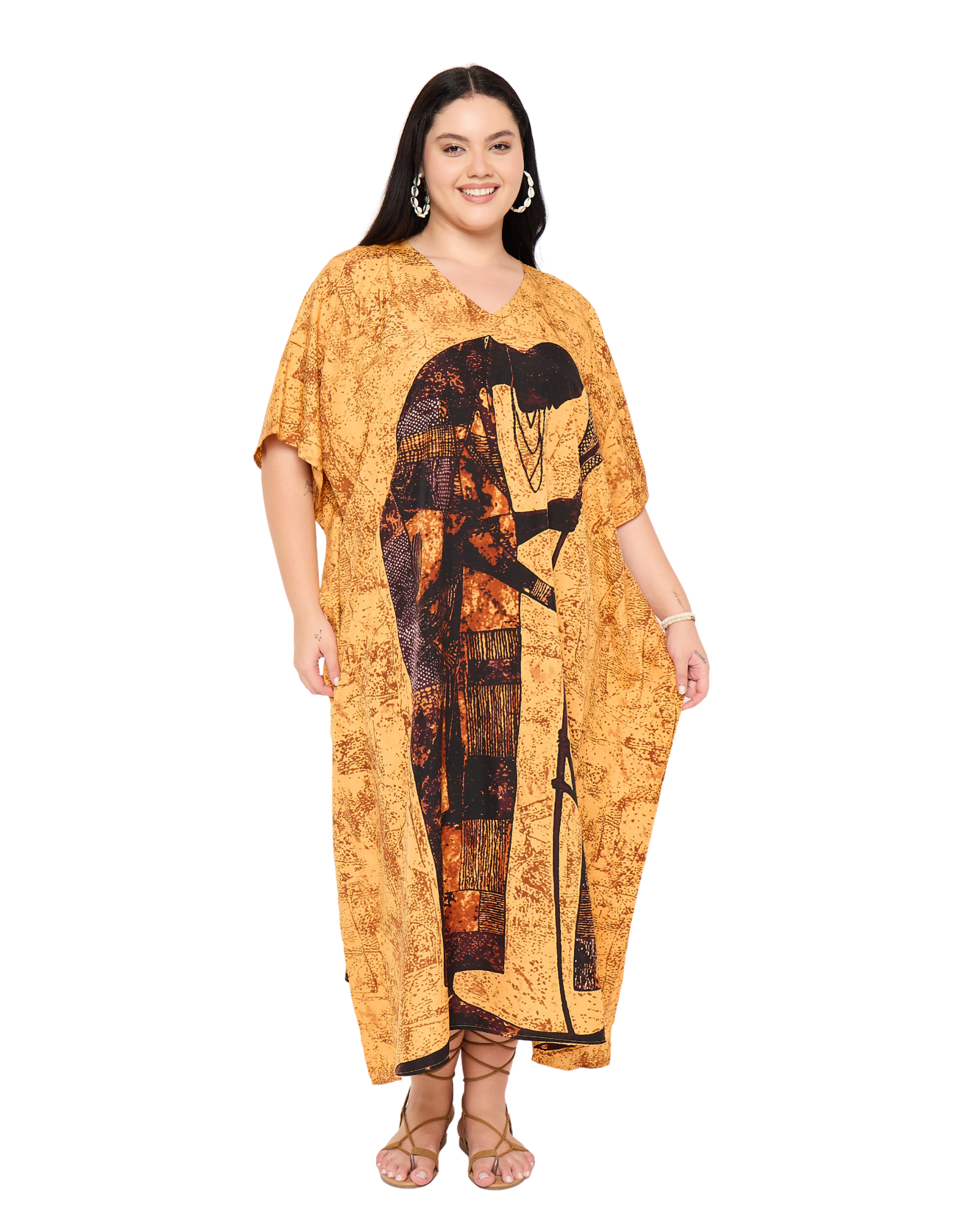 Yellow Tribal Polyester Women Plus Size Caftan Dress