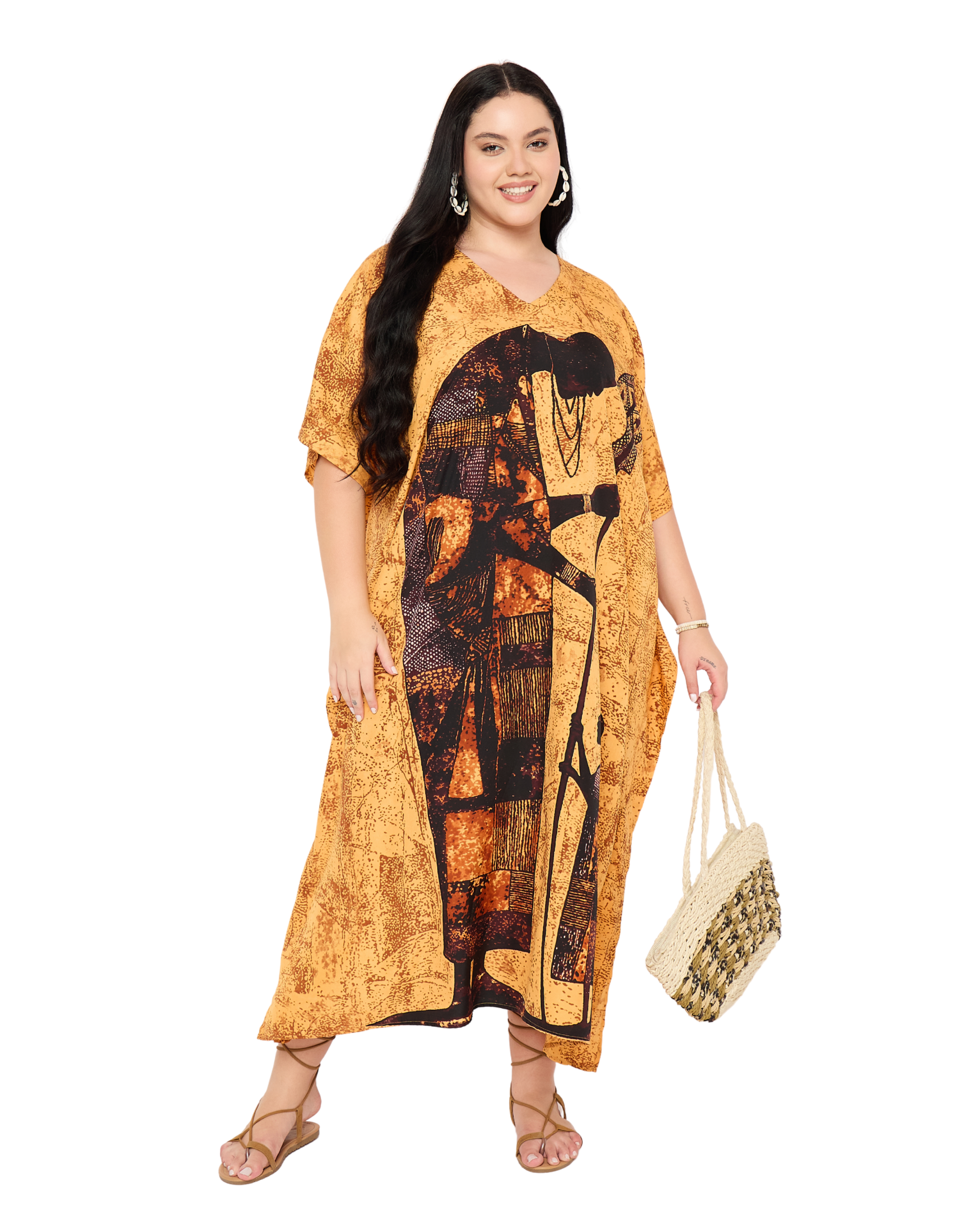 Yellow Tribal Polyester Women Plus Size Caftan Dress