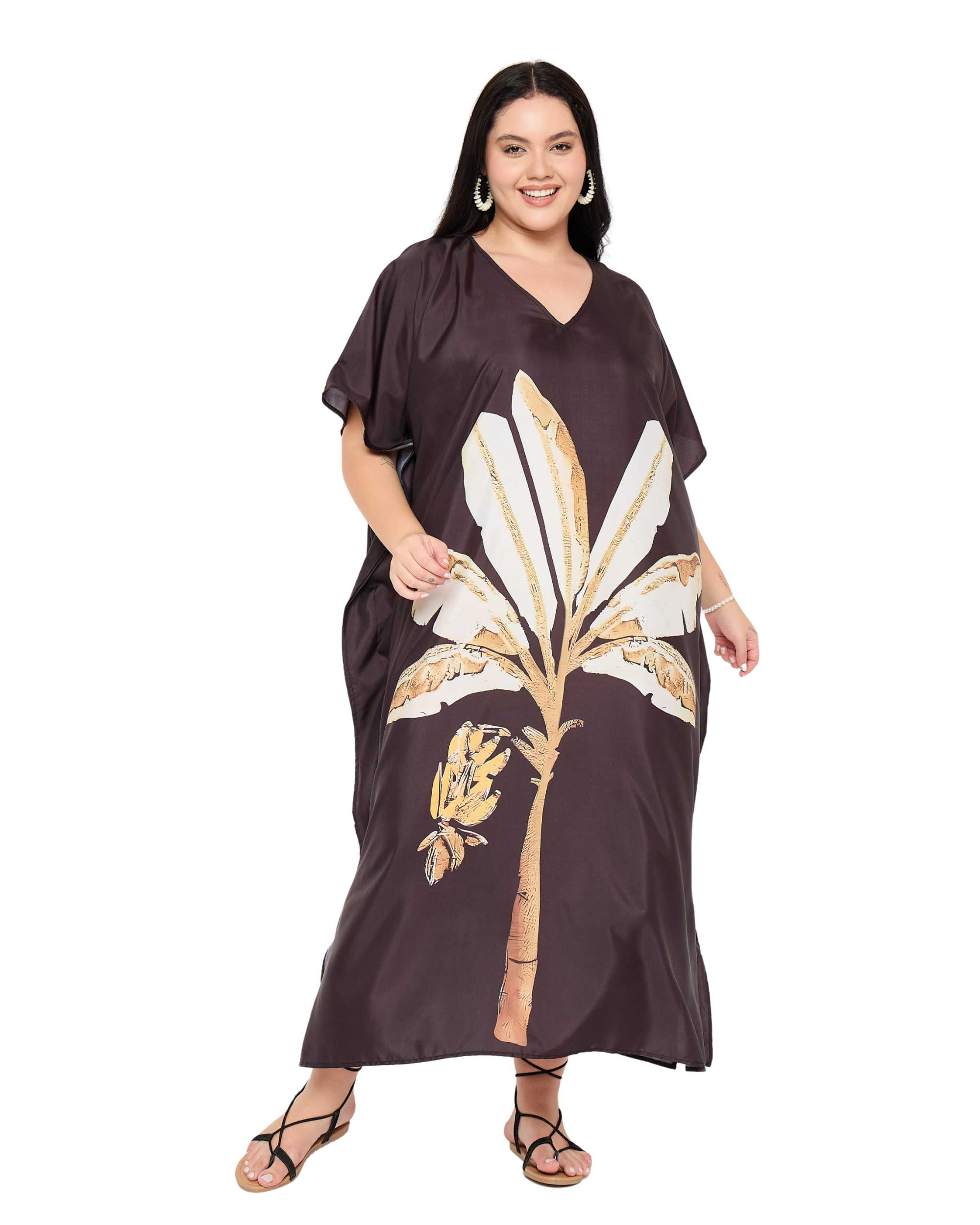 Brown Leaf Polyester Plus Size Beach Kaftan Cover Up for Women
