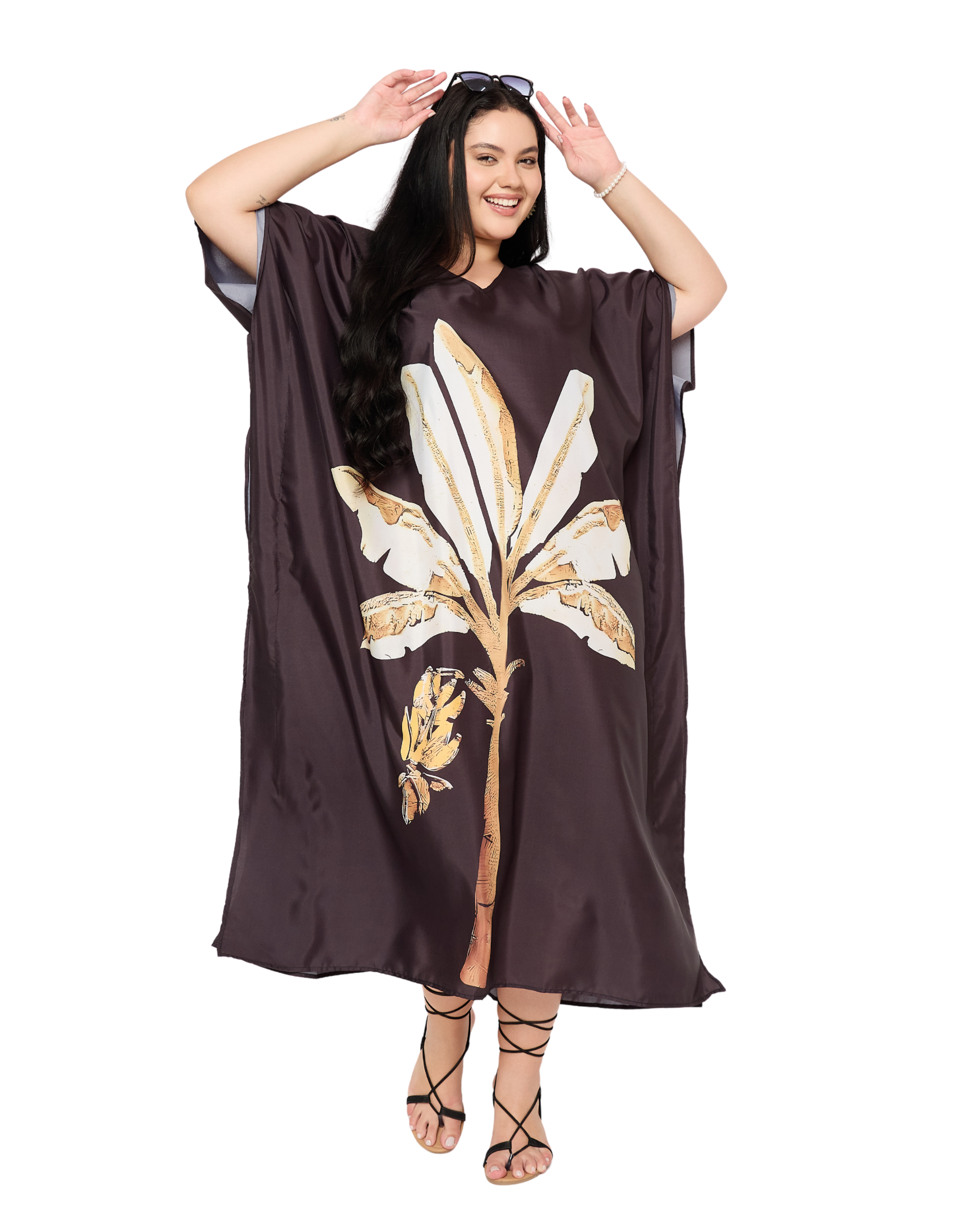 Brown Leaf Polyester Plus Size Beach Kaftan Cover Up for Women