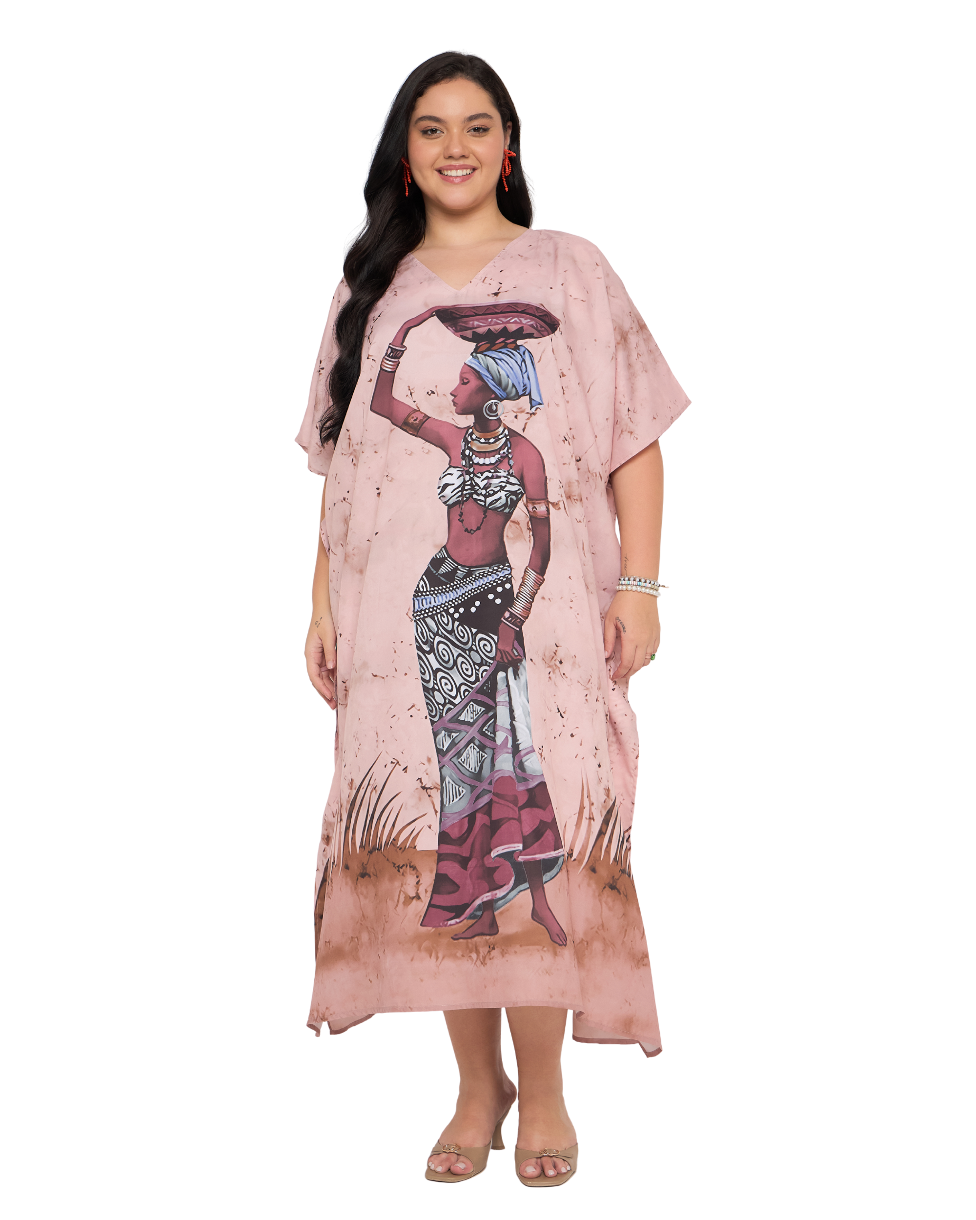 Dusty Pink Tribal Polyester Women Plus Size Caftan Dress