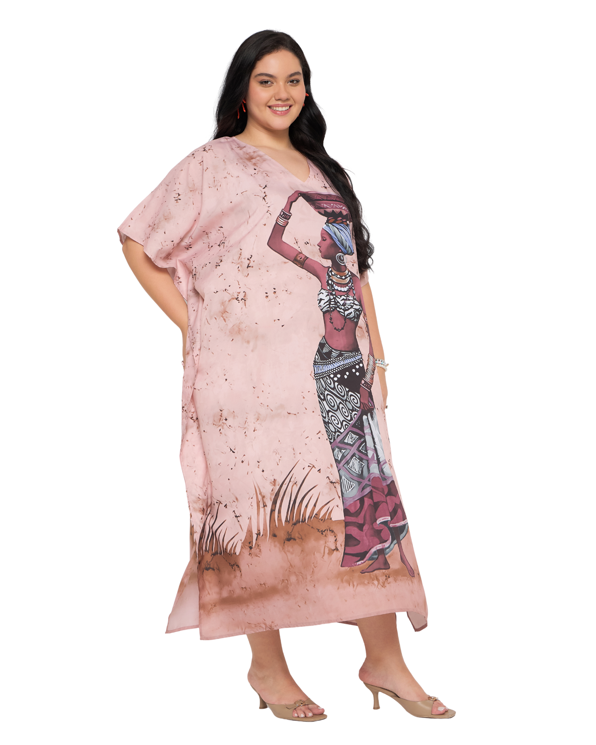 Dusty Pink Tribal Polyester Women Plus Size Caftan Dress