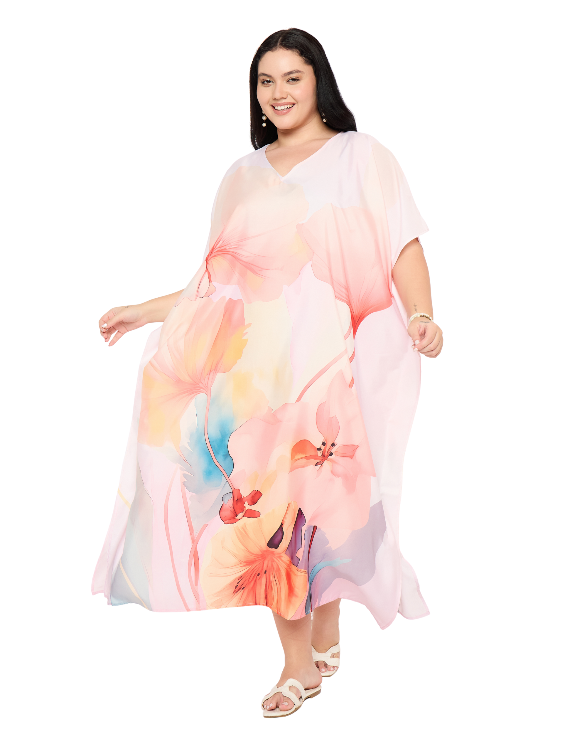 Light Pink Floral Polyester Women Plus Size Caftan Nightgown