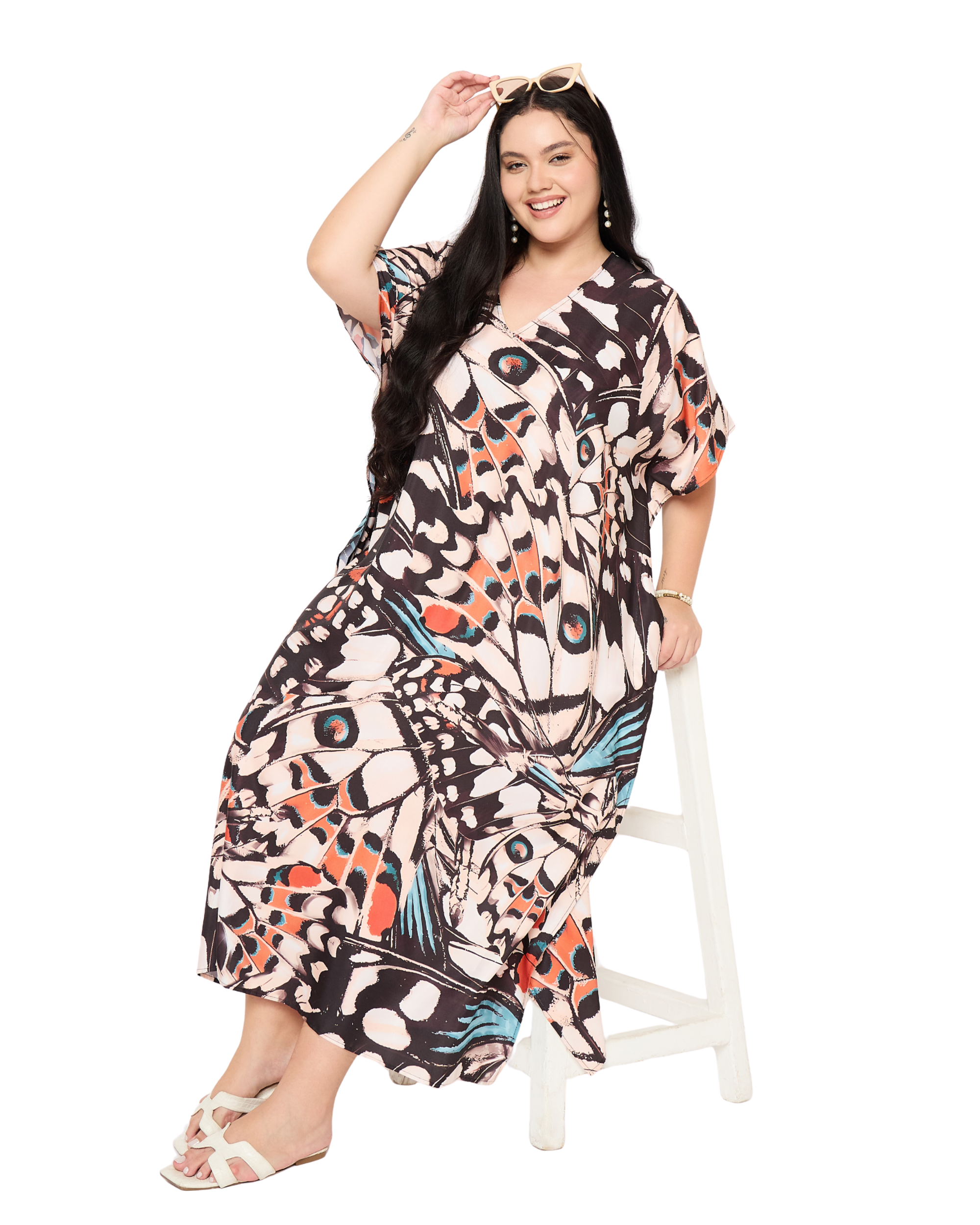 Black Polyester Women Plus Size Caftan Dress Nighty