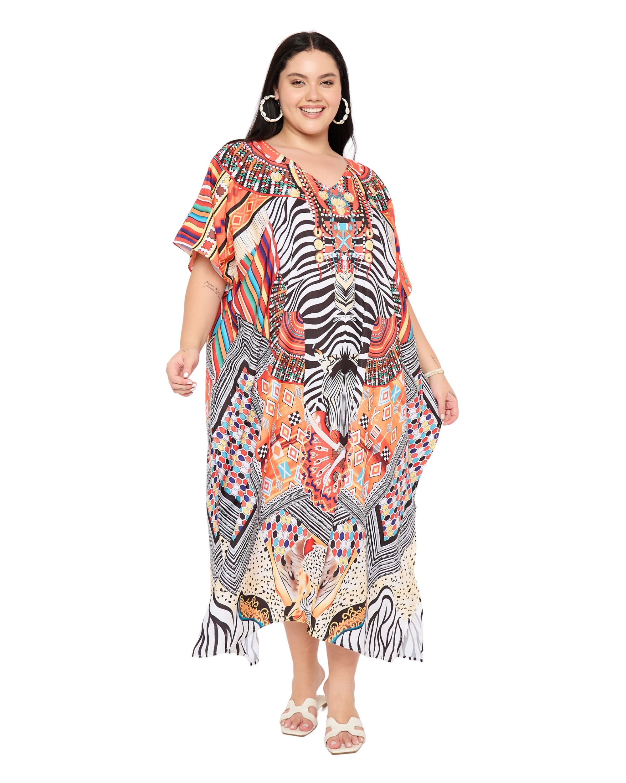 Black And White Tribal Elegant Plus Size Kaftan Dress for Women