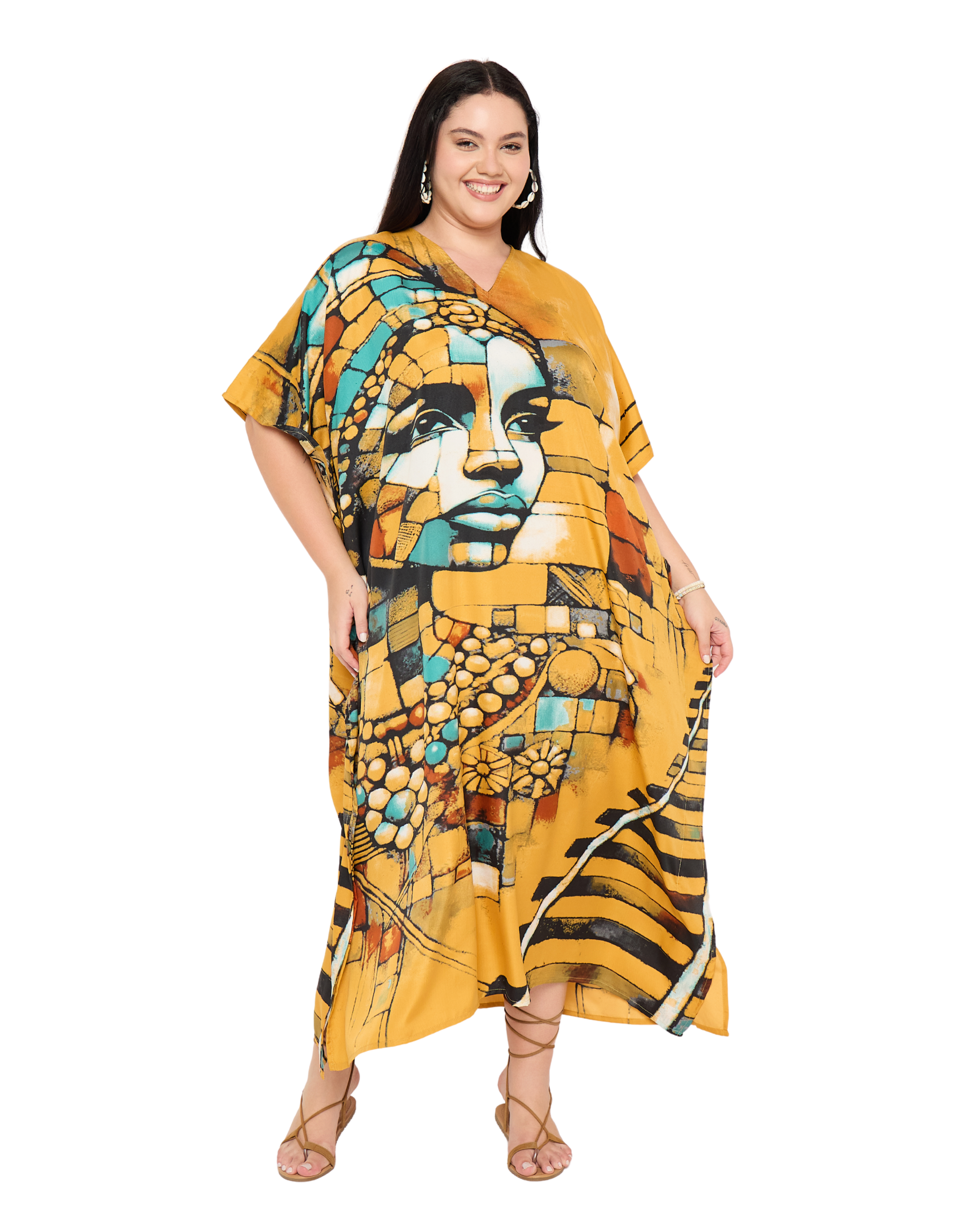 Yellow Tribal Polyester Women Plus Size Loungewear Caftan