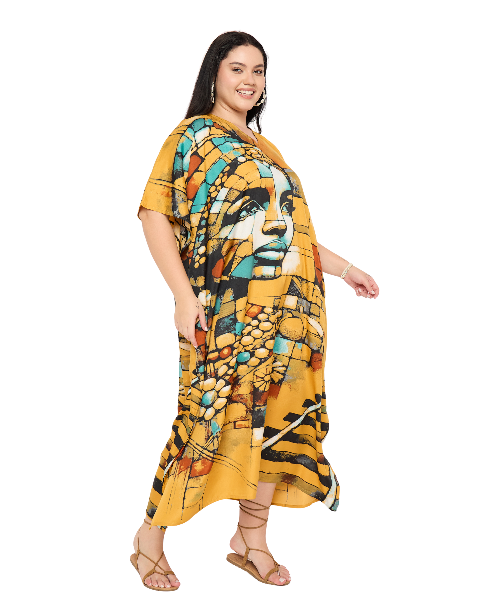 Yellow Tribal Polyester Women Plus Size Loungewear Caftan