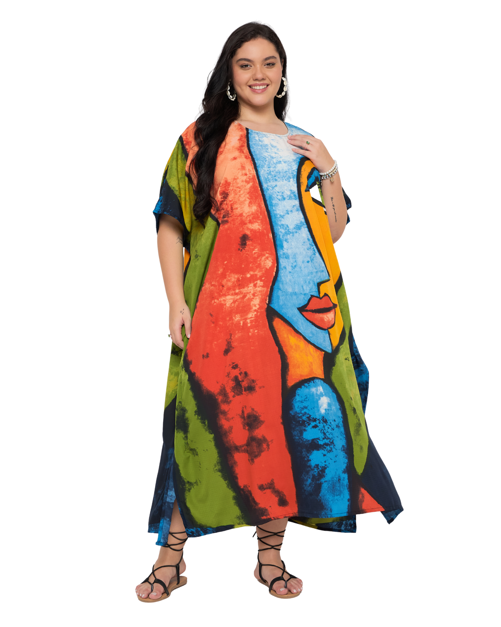 Red & Green Lady Face Polyester Plus Size Kaftan Dress for Women