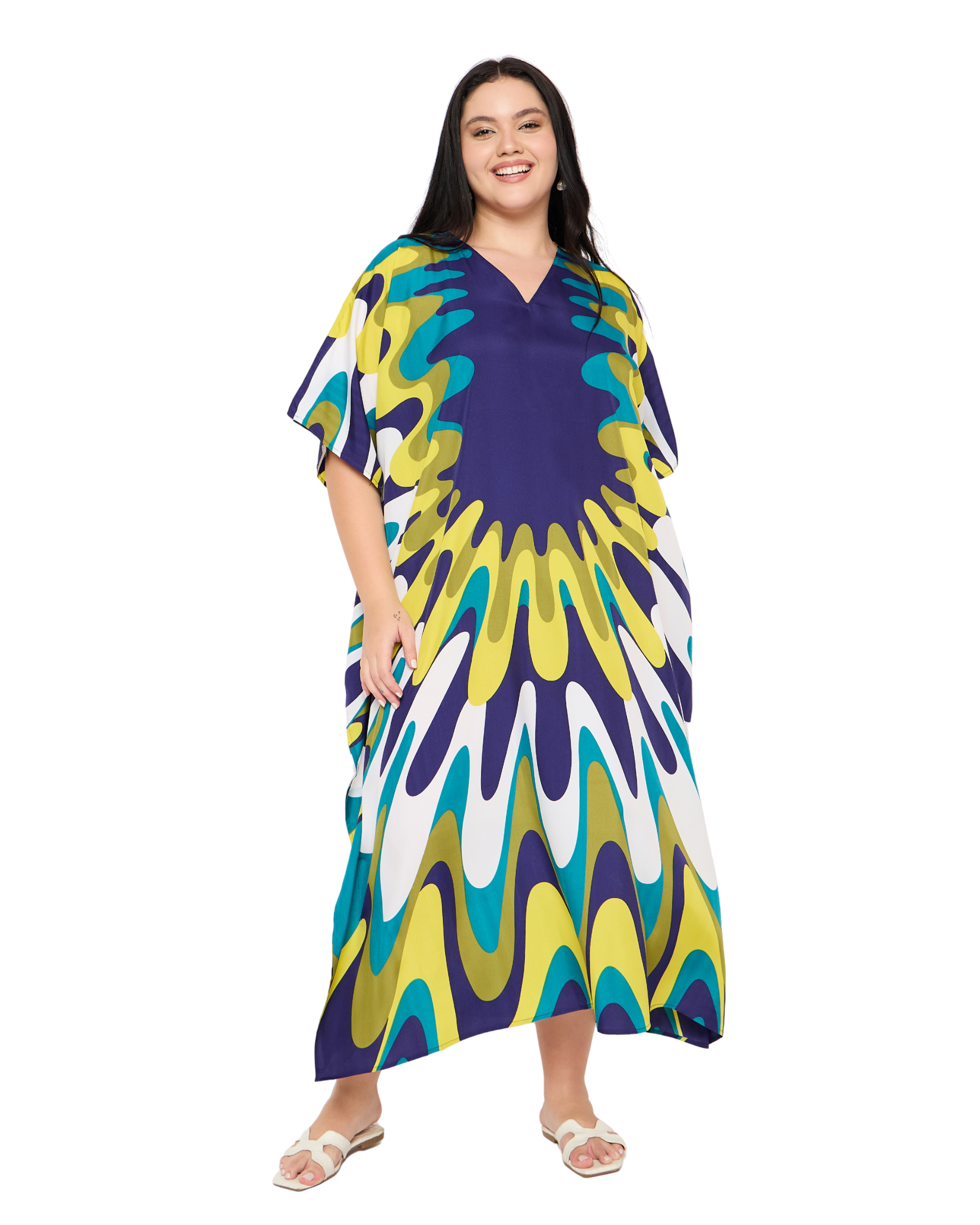 Navy Blue Polyester Women Plus Size Kaftan Long Maxi Dress