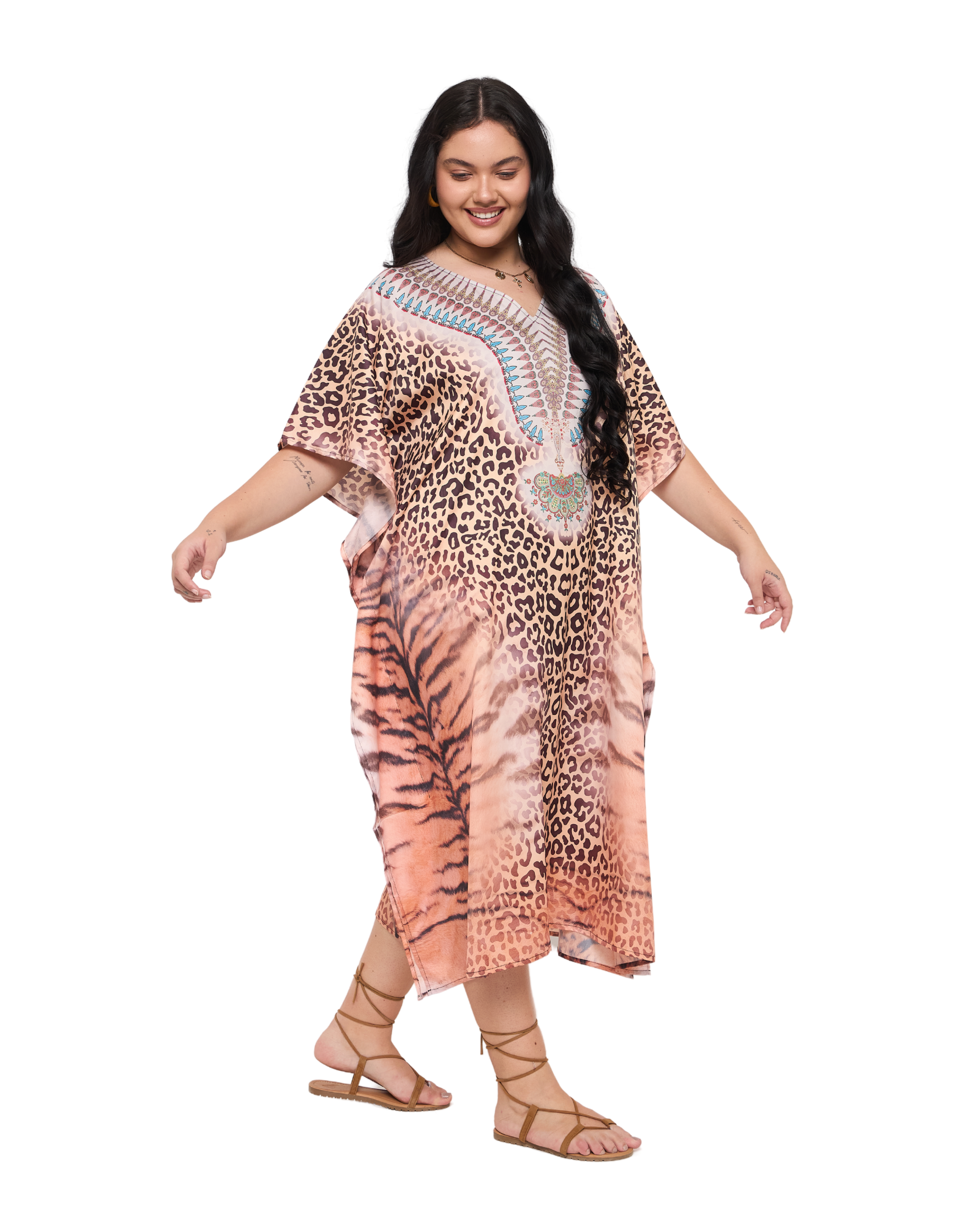 Animal Print Light Peach Polyester Plus Size Kaftan Dress for Women