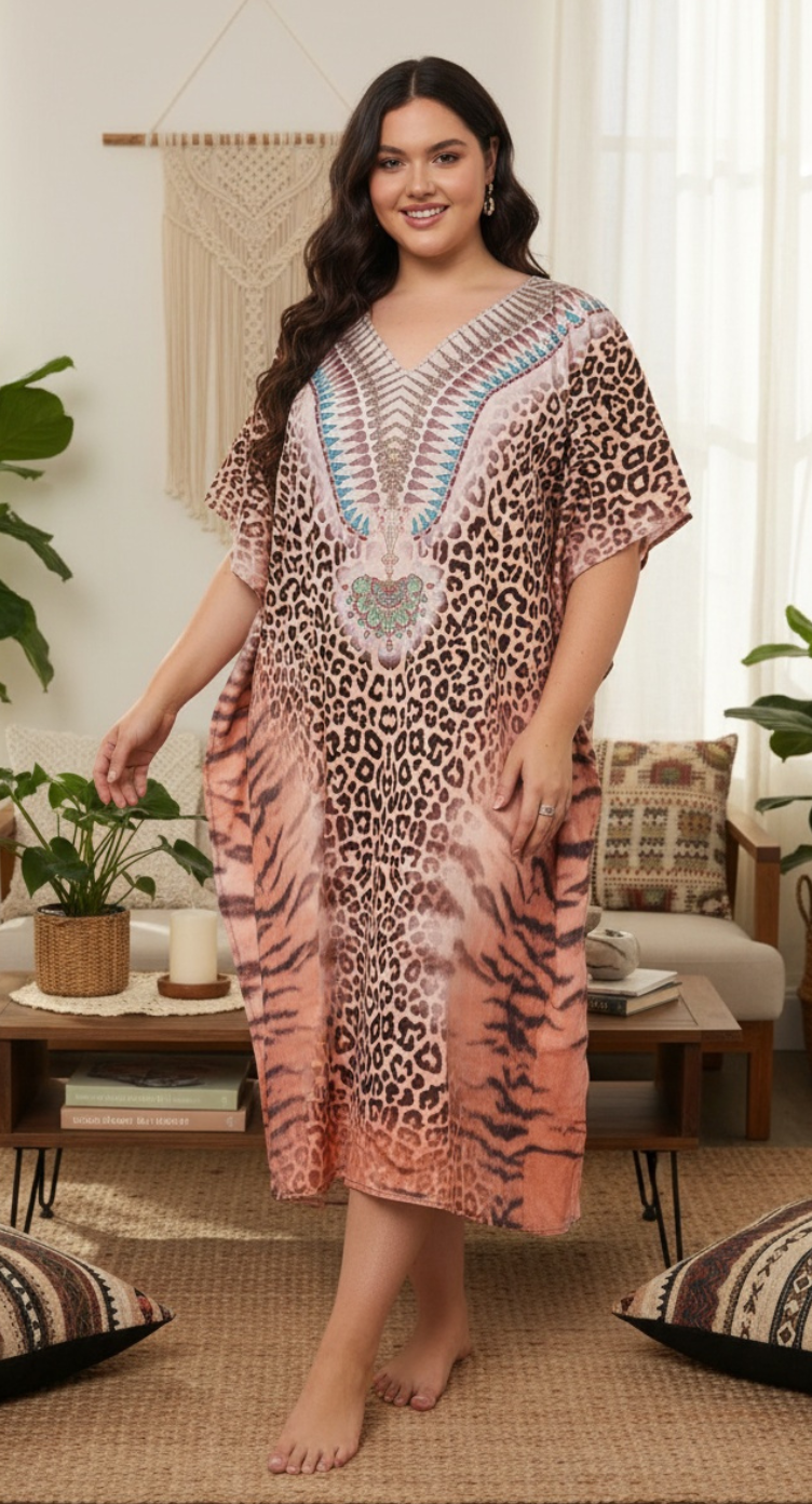 Animal Print Light Peach Polyester Plus Size Kaftan Dress for Women