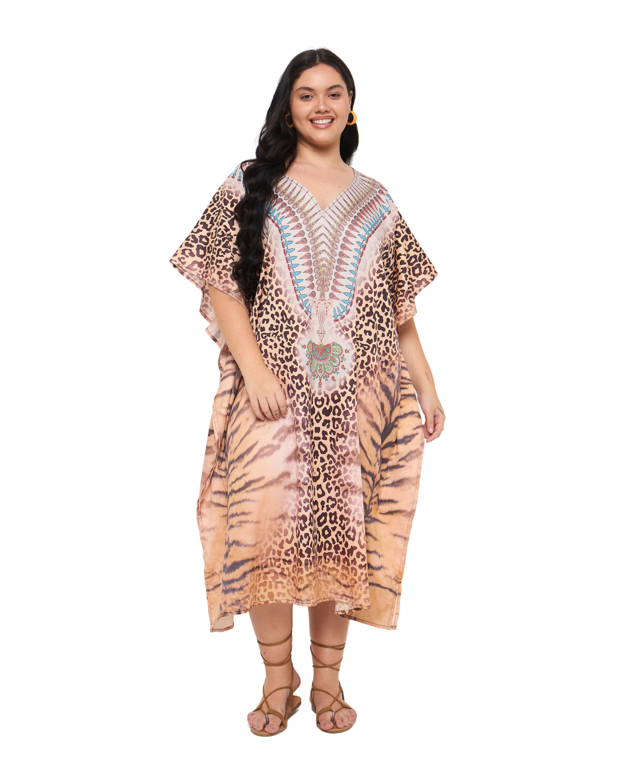 Leopard Print Beige Polyester Women Plus Size Caftan Dress