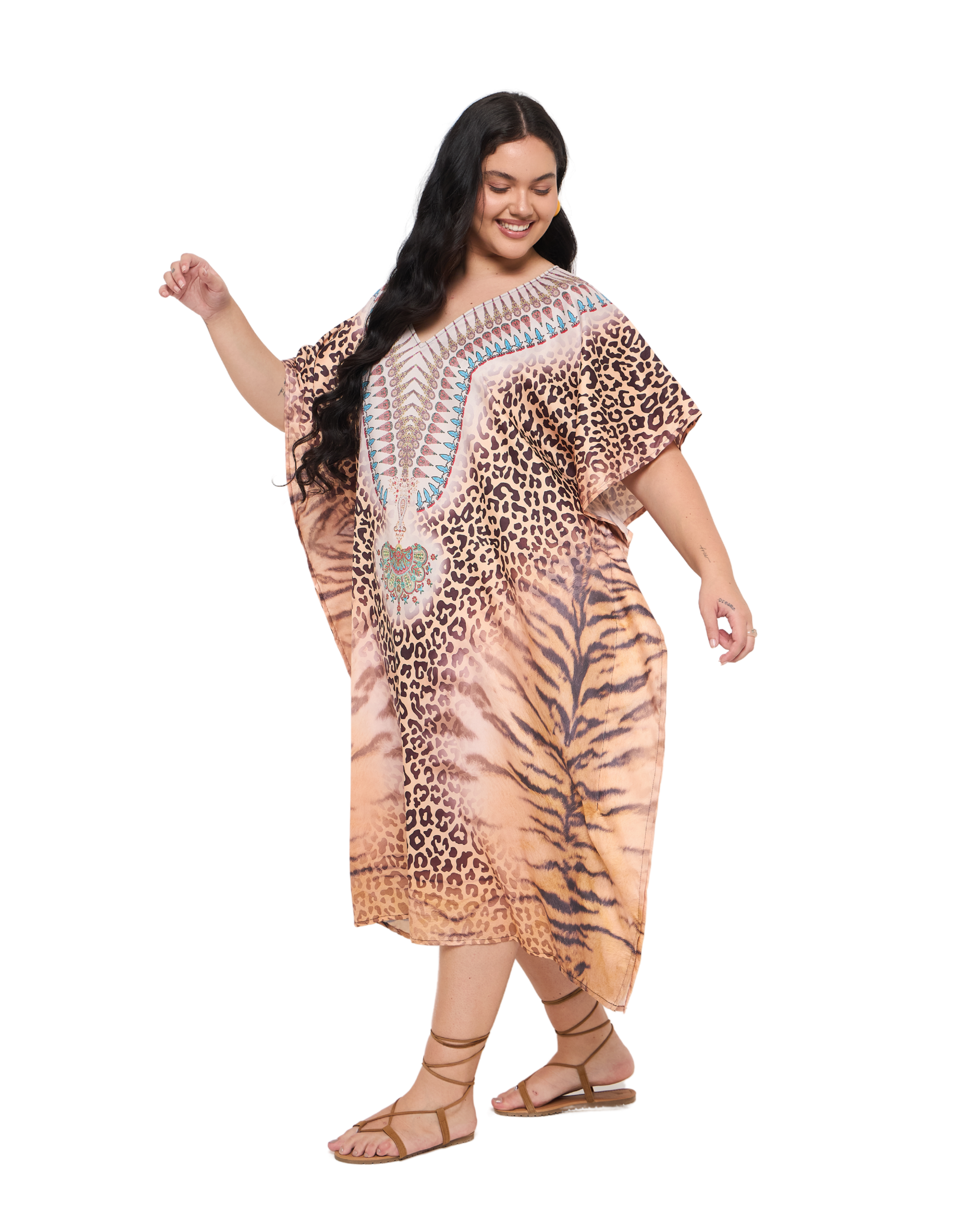 Leopard Print Beige Polyester Women Plus Size Caftan Dress