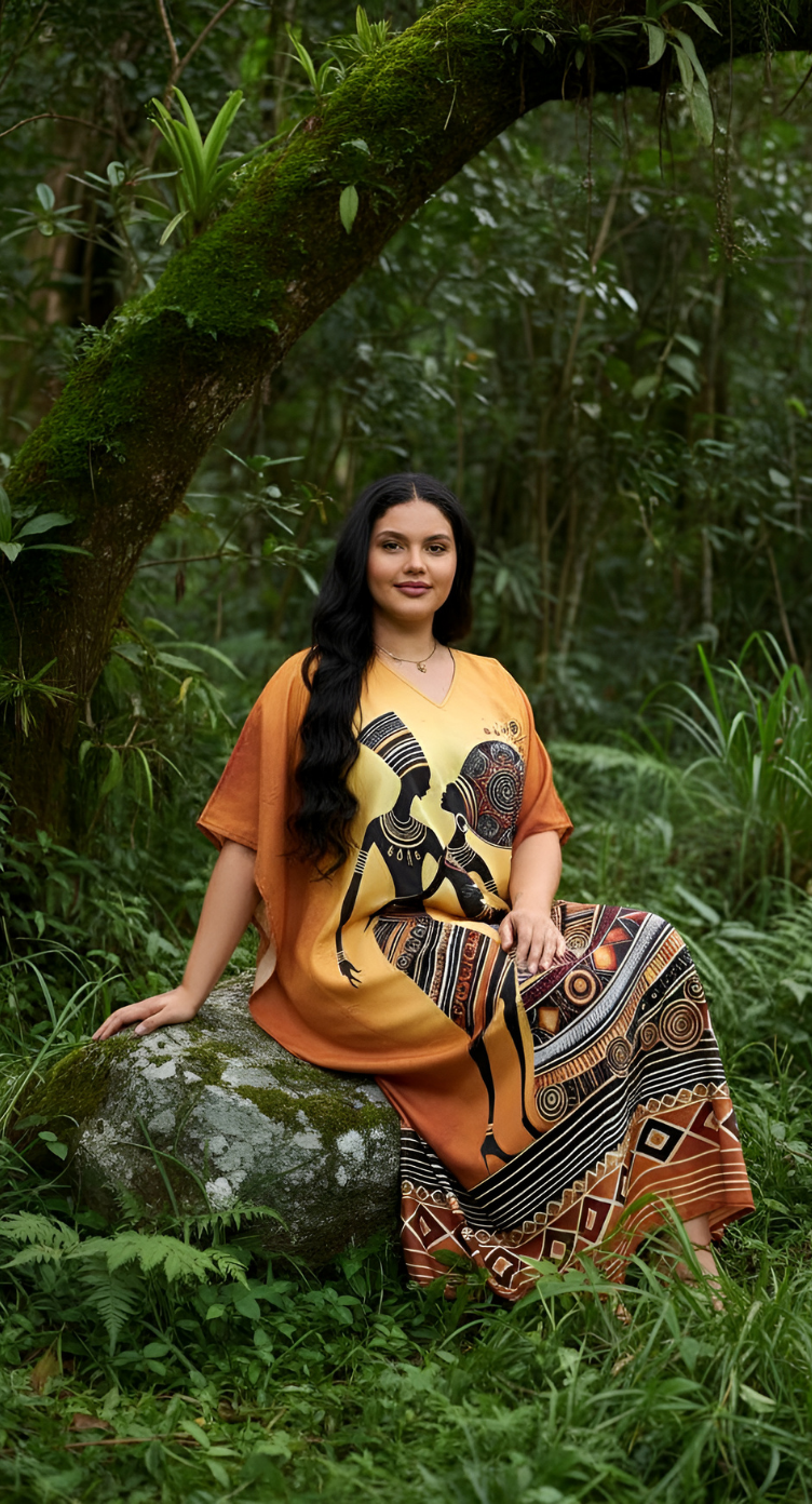 Tribal Print Golden Polyester Plus Size Kaftan Dress for Women