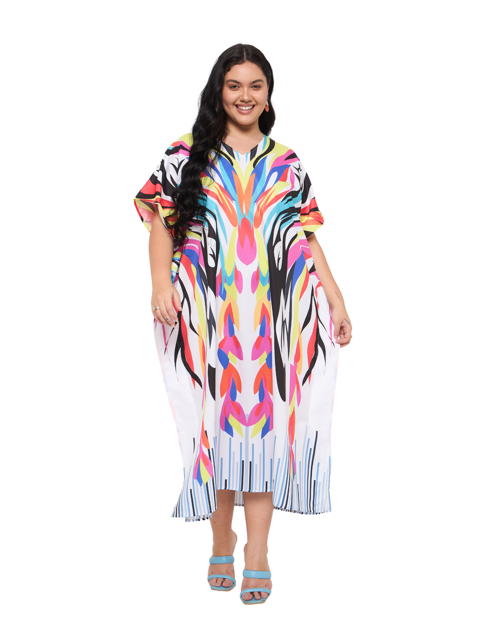 Abstract  White Polyester Women Plus Size Beach Kaftan Dress