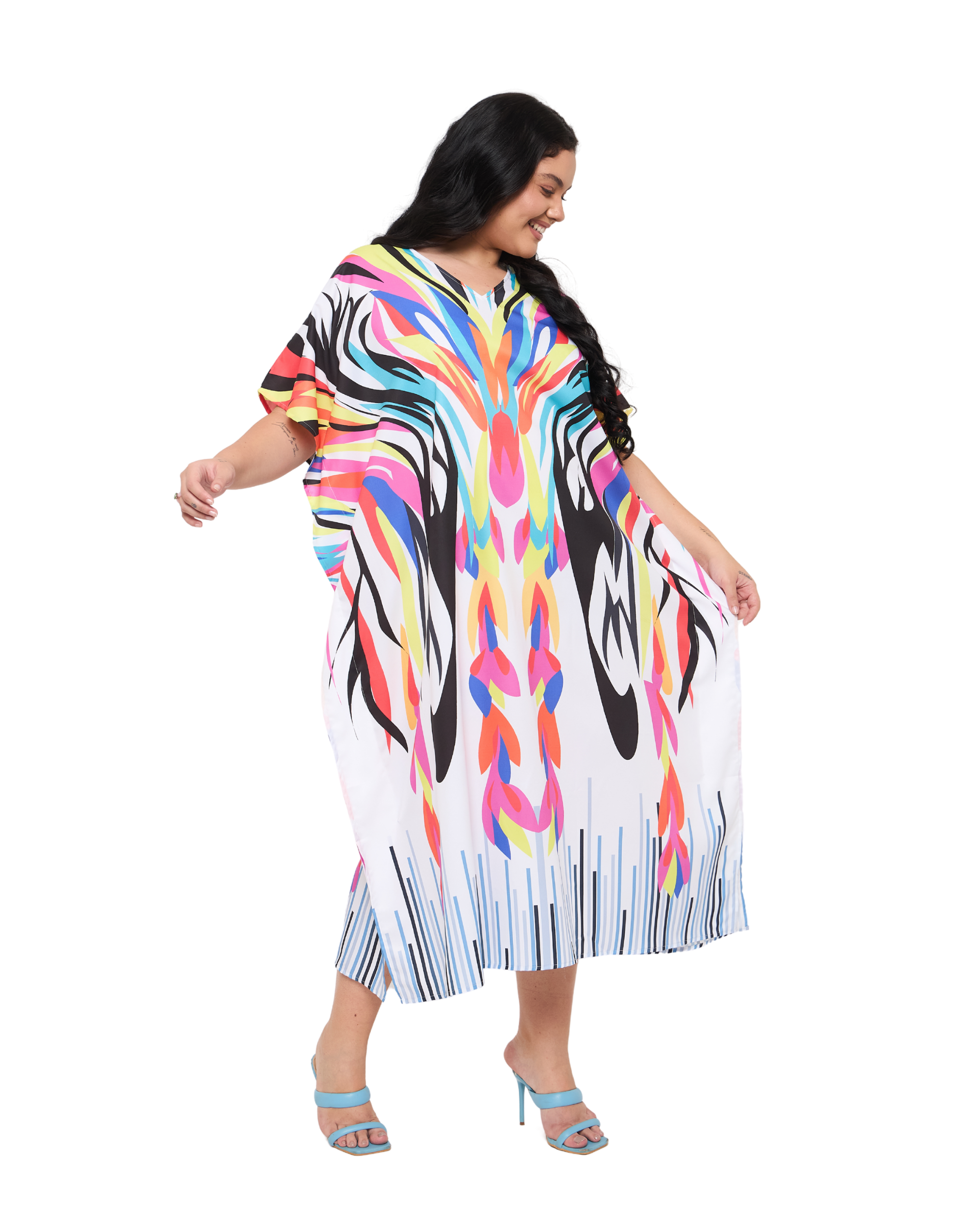 Abstract  White Polyester Women Plus Size Beach Kaftan Dress