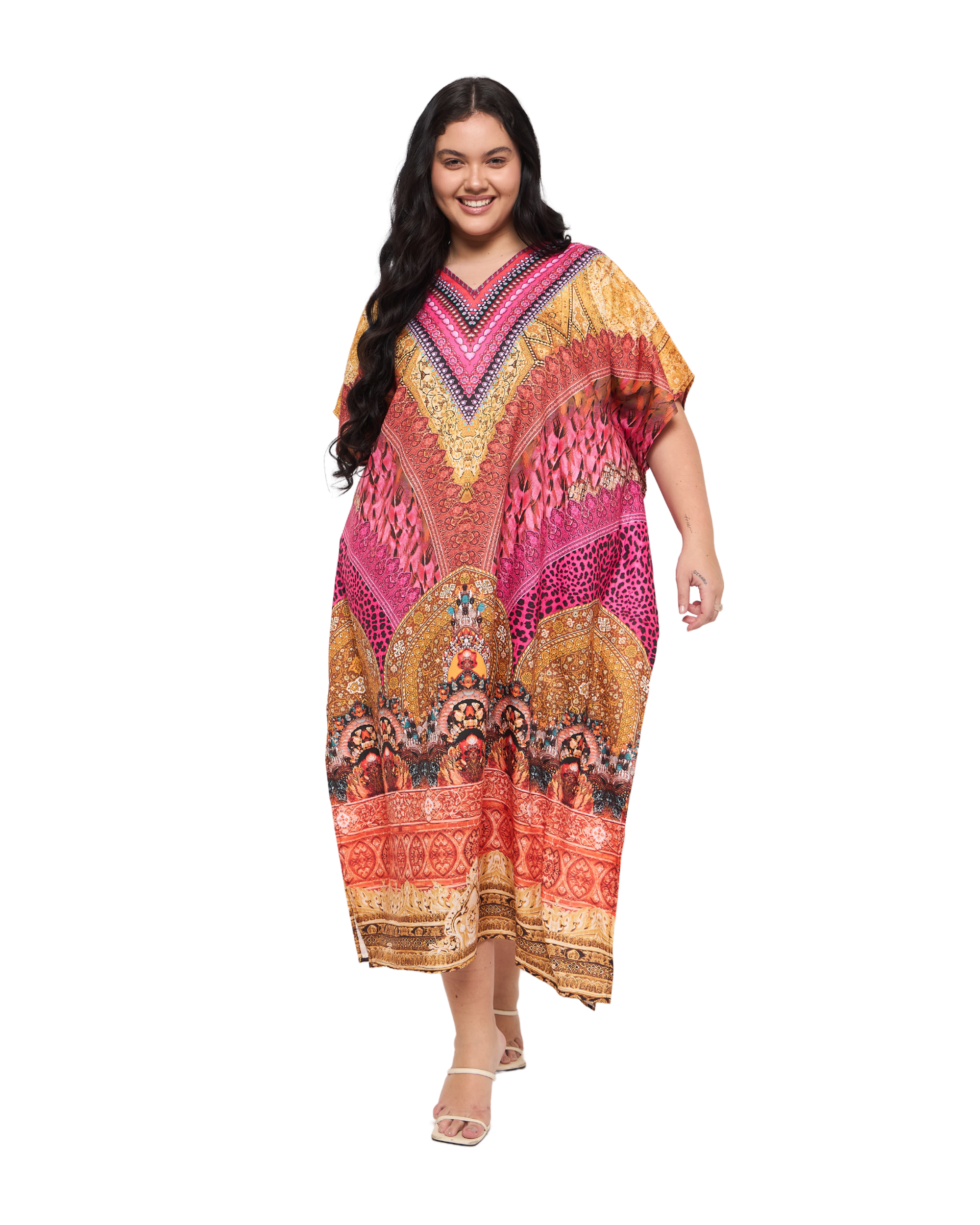 Motif Pink Polyester Women Plus Size Evening Kaftan Dress