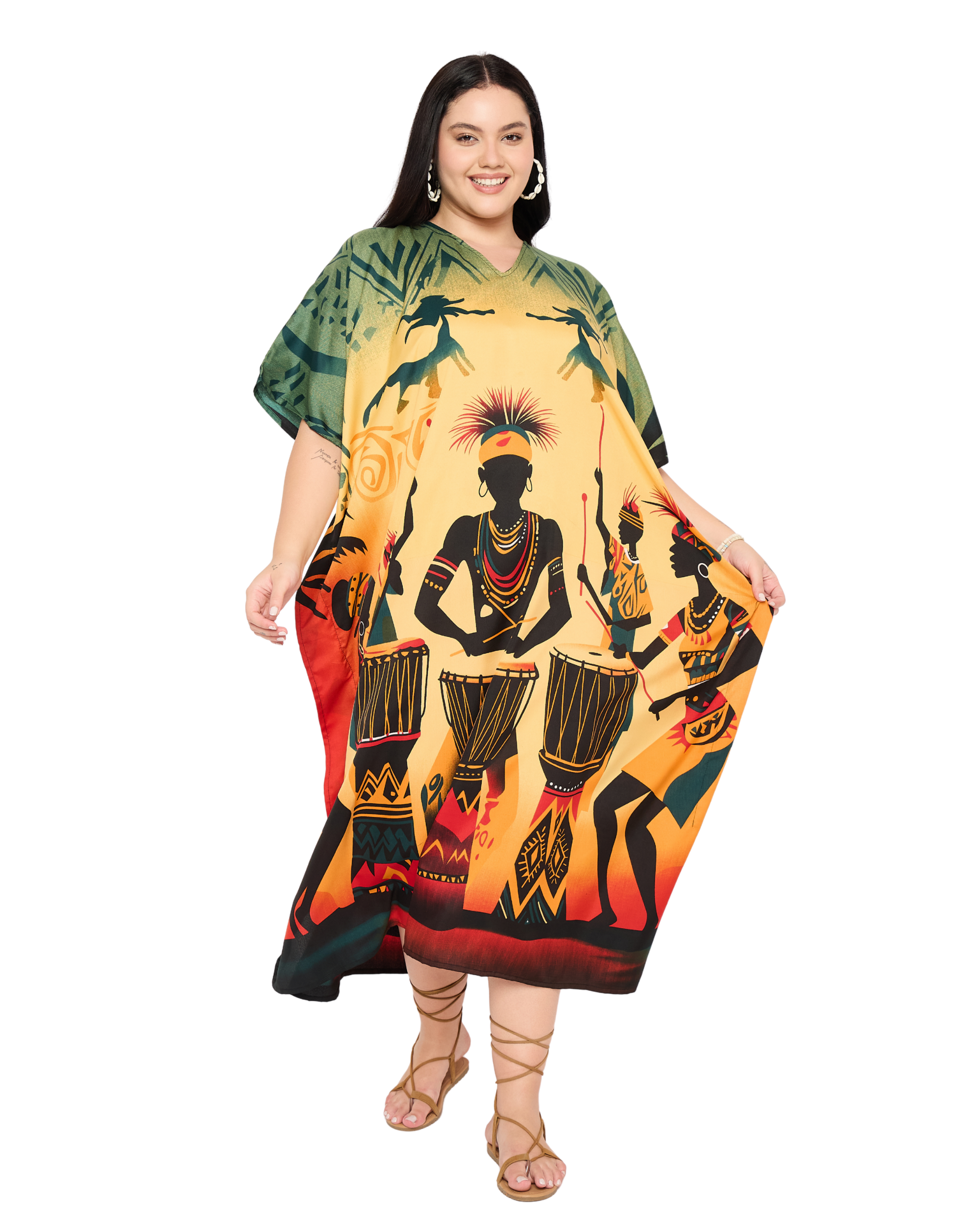 Yellow Tribal Women Plus Size Kaftan Nightgown Dress