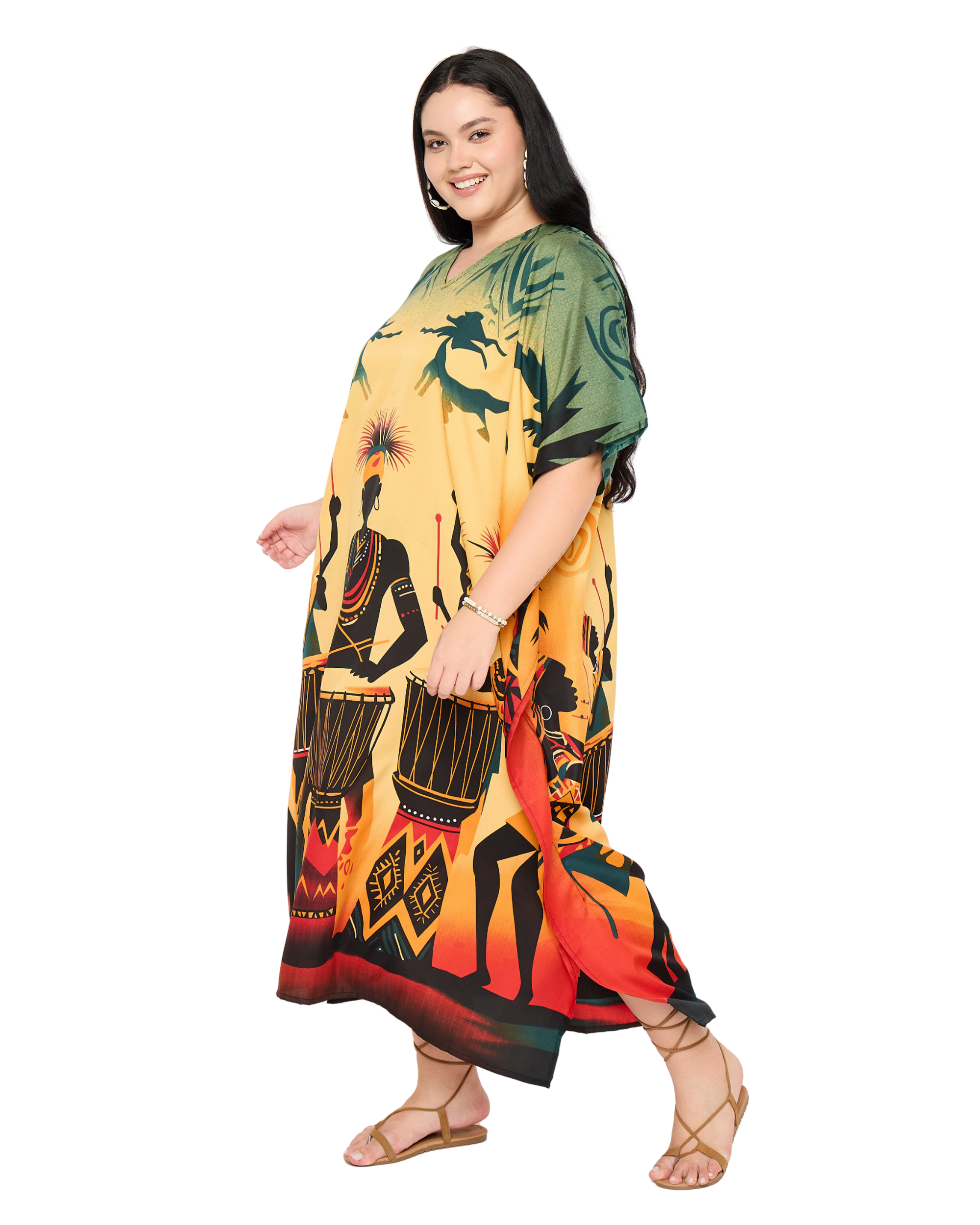 Yellow Tribal Women Plus Size Kaftan Nightgown Dress