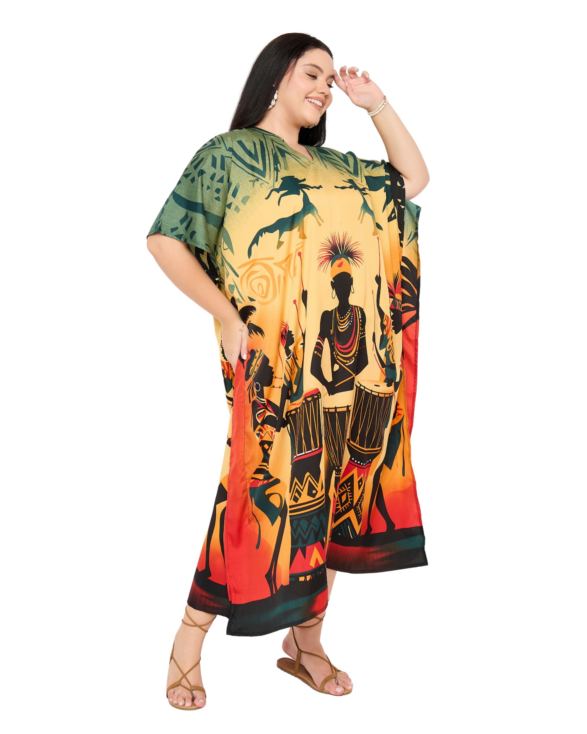 Yellow Tribal Women Plus Size Kaftan Nightgown Dress