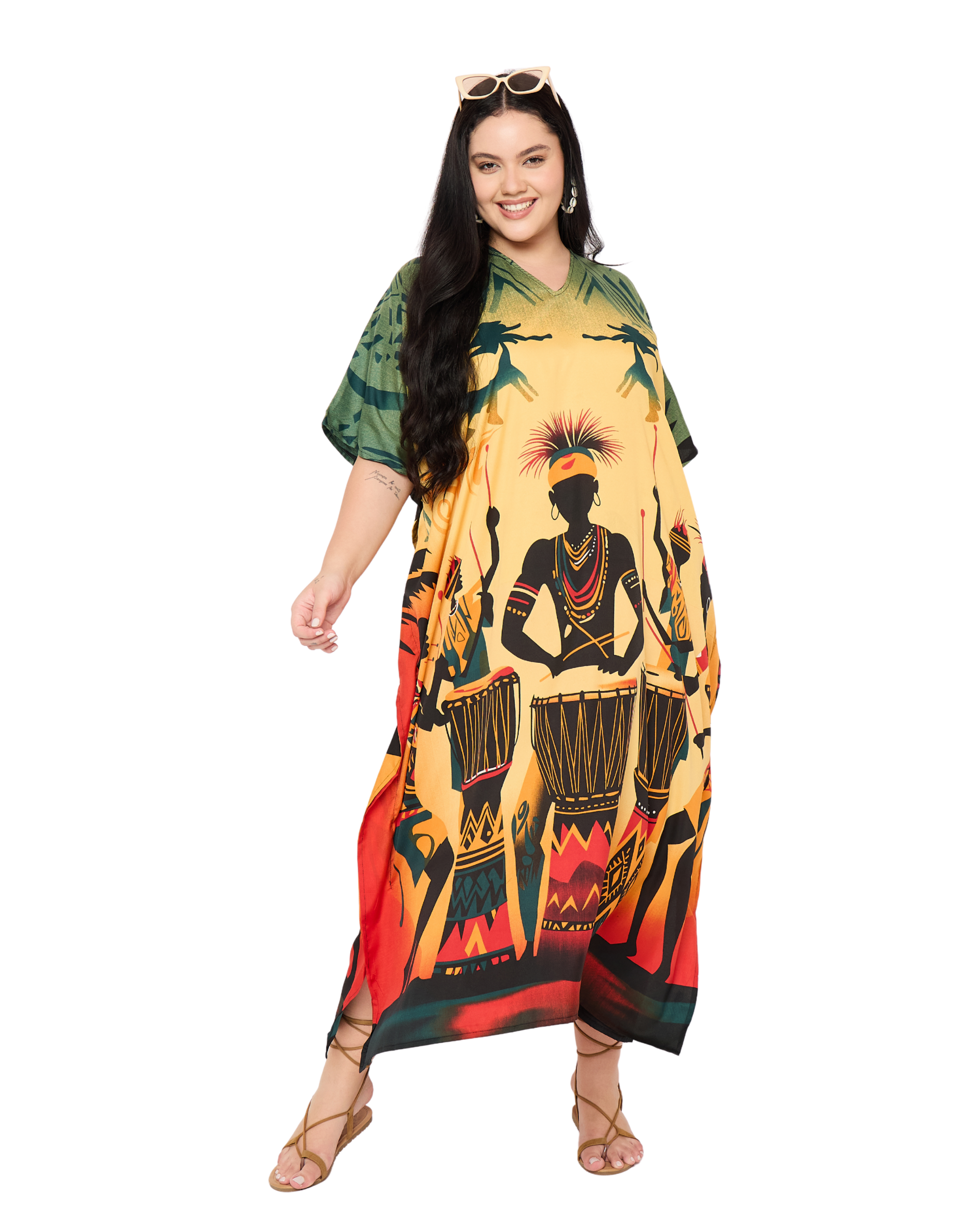 Yellow Tribal Women Plus Size Kaftan Nightgown Dress