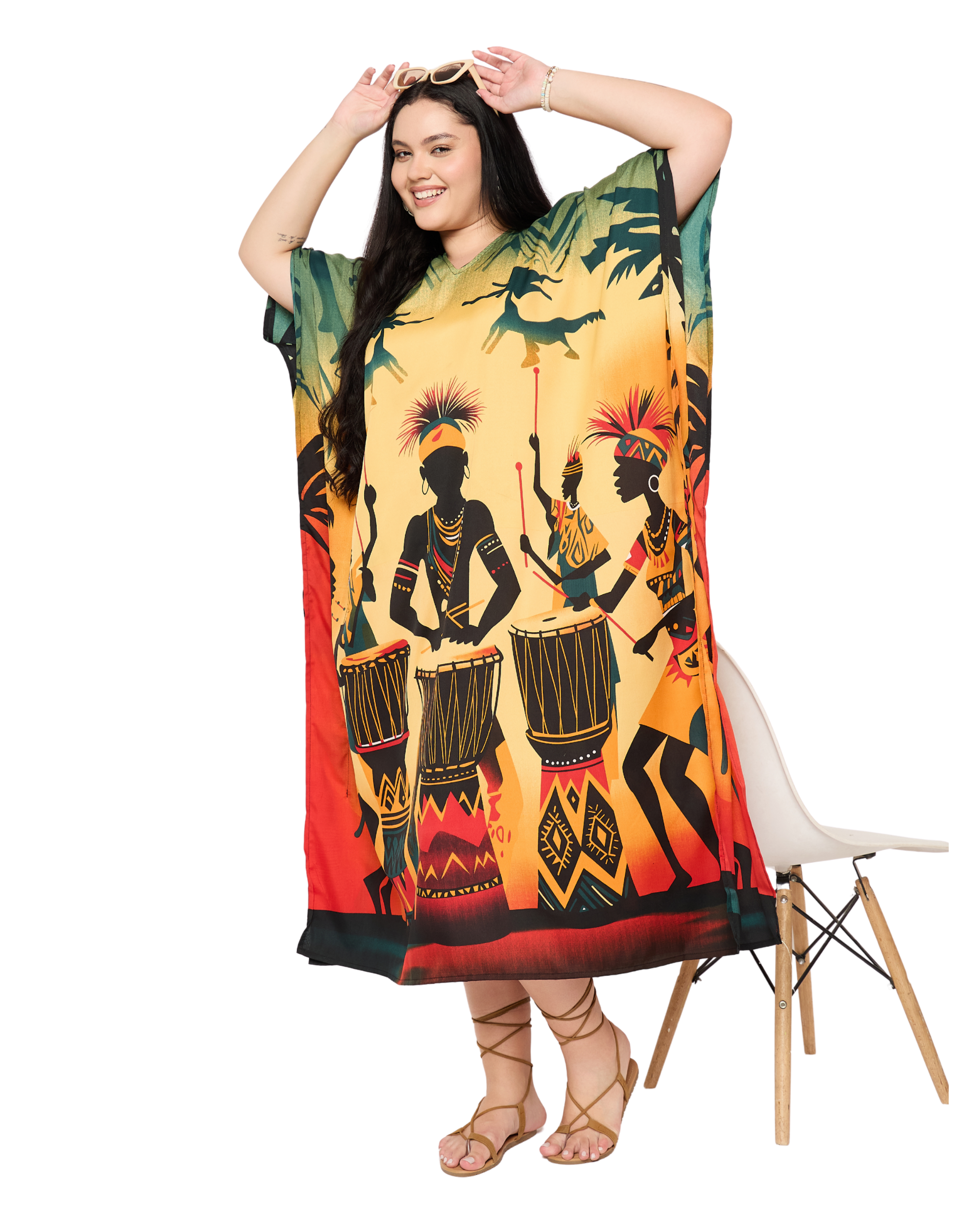 Yellow Tribal Women Plus Size Kaftan Nightgown Dress