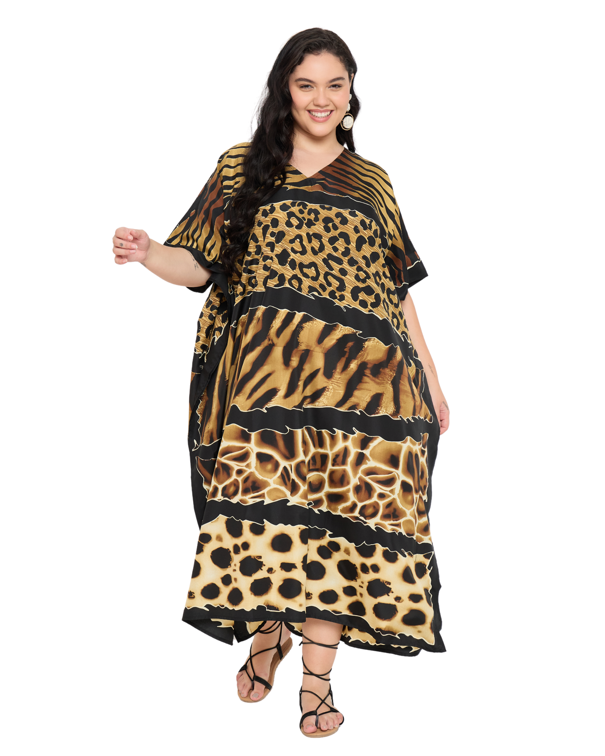 Animal Print Polyester Women Plus Size Kaftan Loungewear Dress