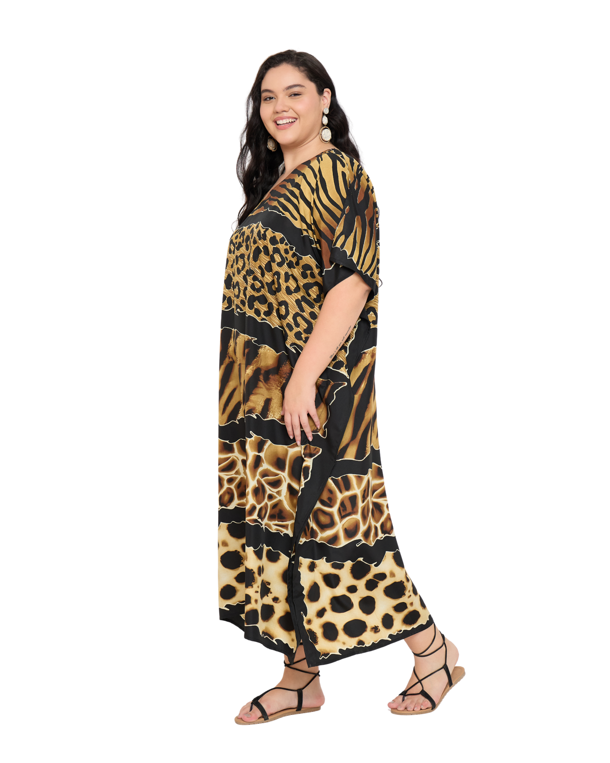 Animal Print Polyester Women Plus Size Kaftan Loungewear Dress