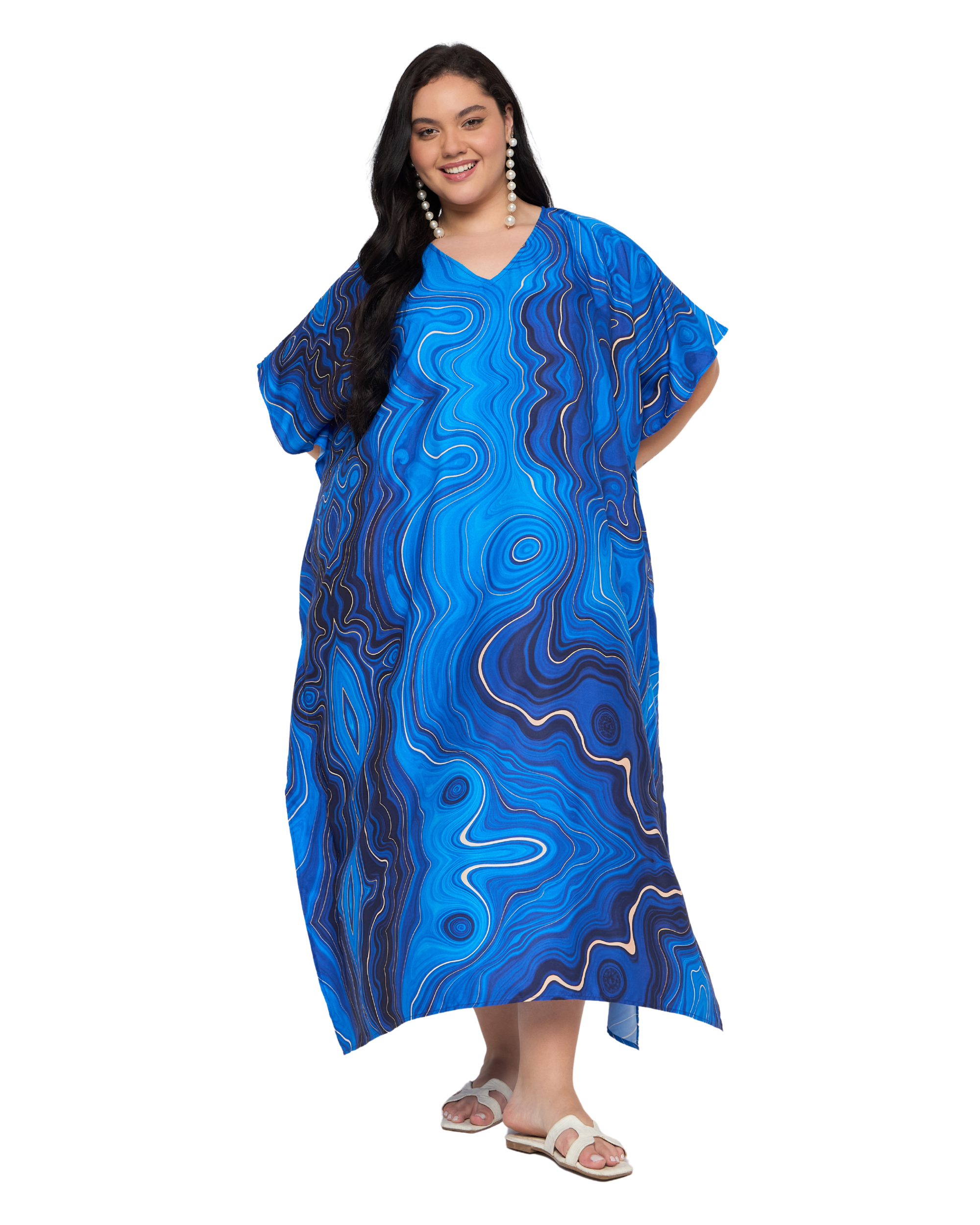Royal Blue Abstract Polyester Plus Size Caftan Dress for Women