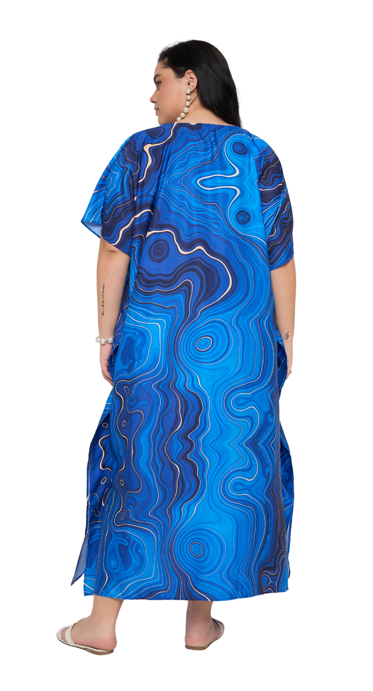 Royal blue marbled agate swirl print polyester plus size kaftan with kimono sleeves — alternate view