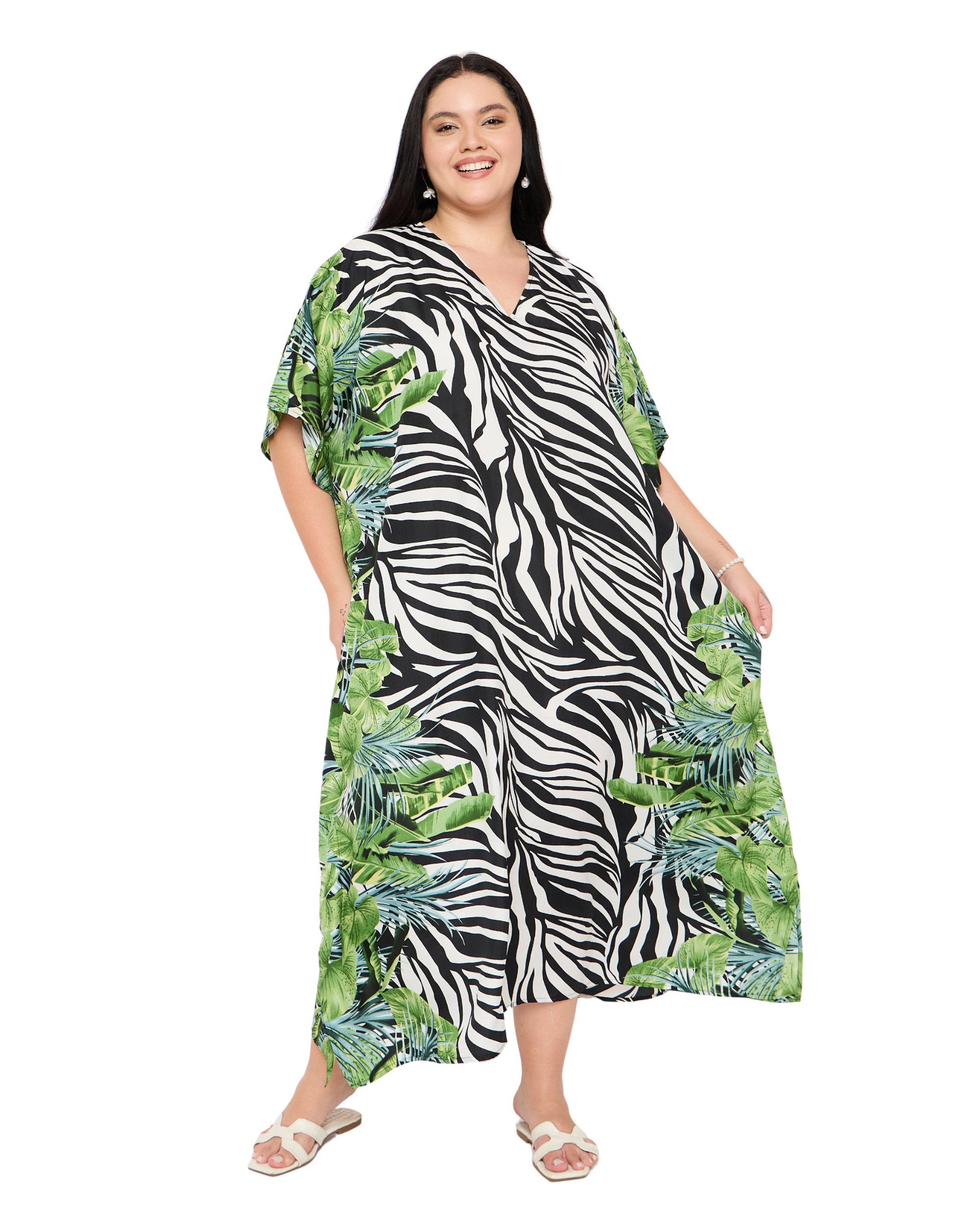 Black Striped Polyester Women Plus Size Beach Caftan Cover Up
