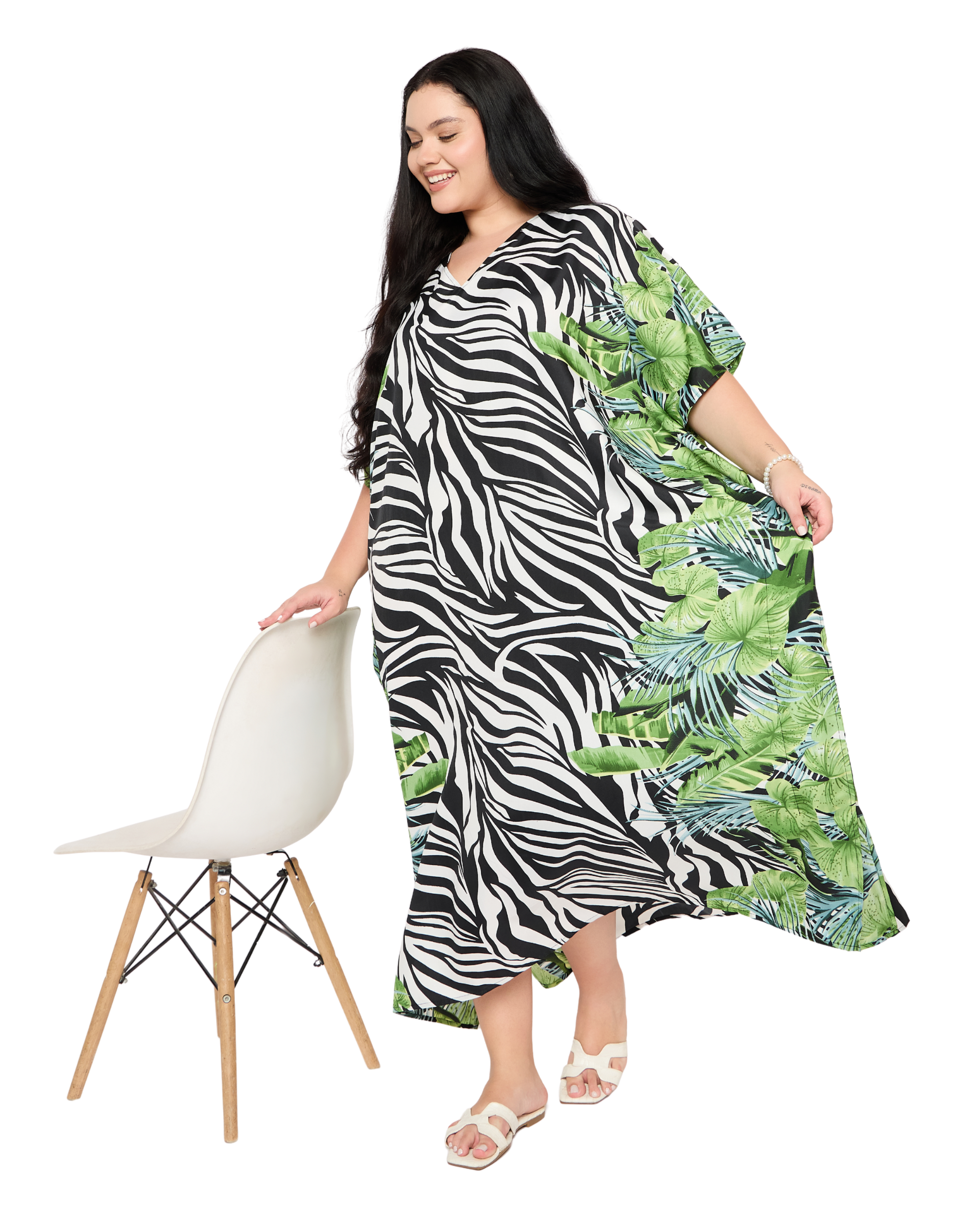 Black Striped Polyester Women Plus Size Beach Caftan Cover Up