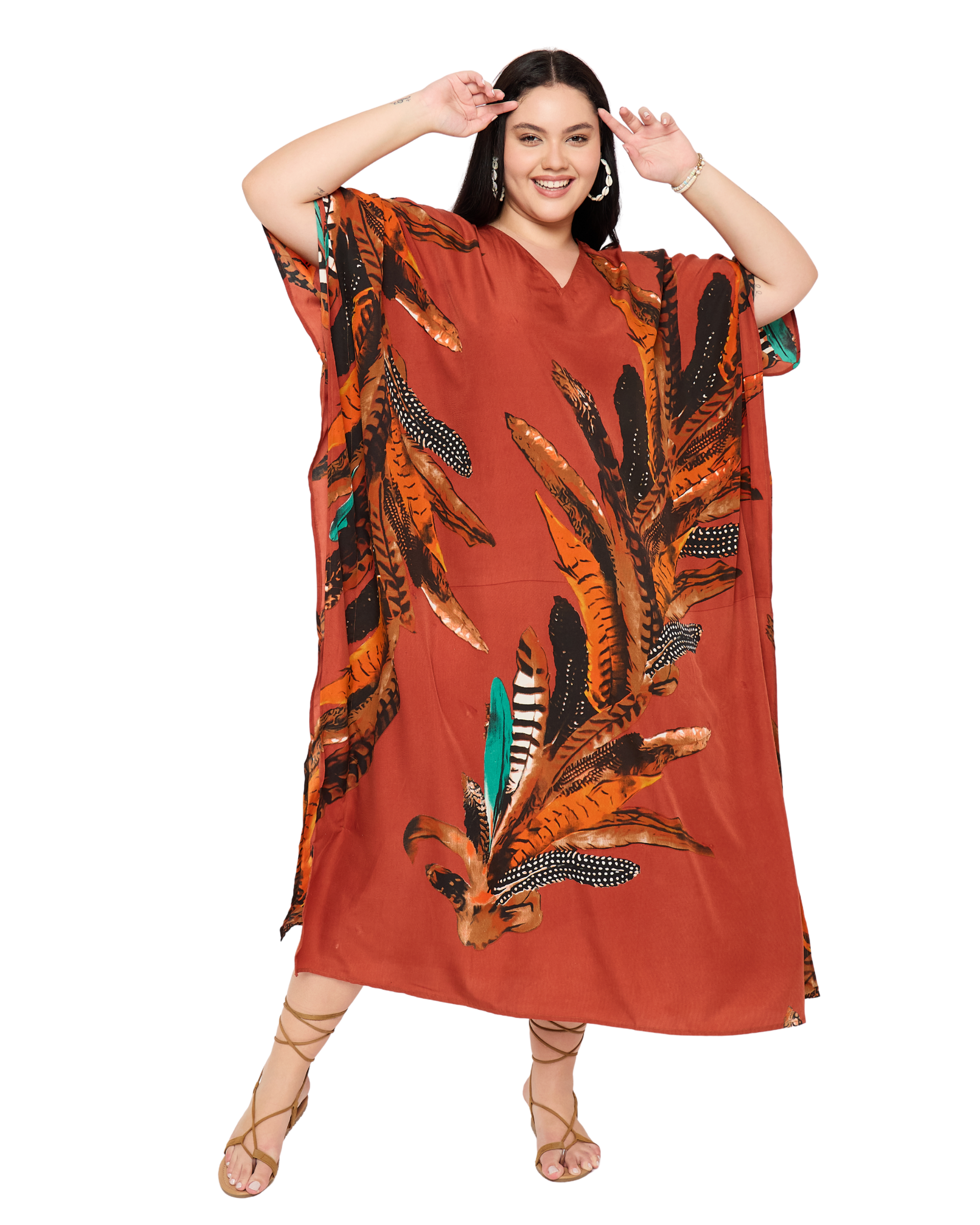 Red Feather Polyester Kaftan For Women Plus Size House Dress