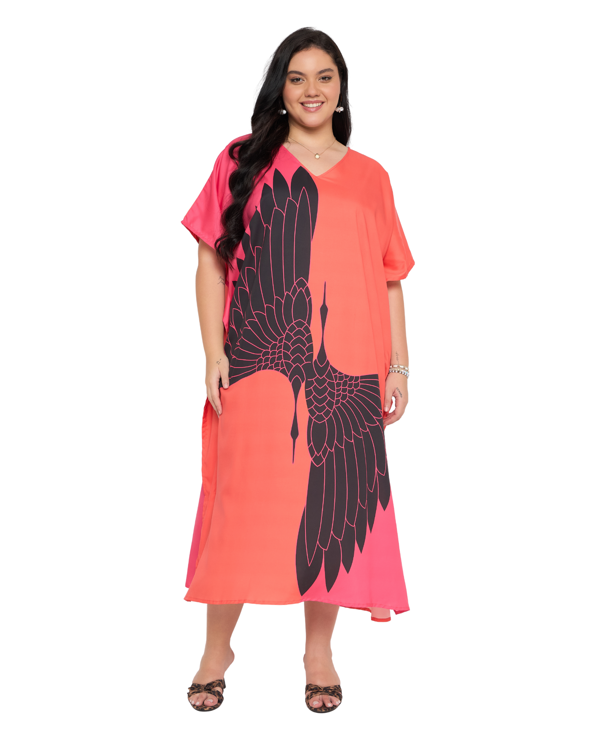 Animal Tangerine Red Women Plus Size Polyester Caftan Dress