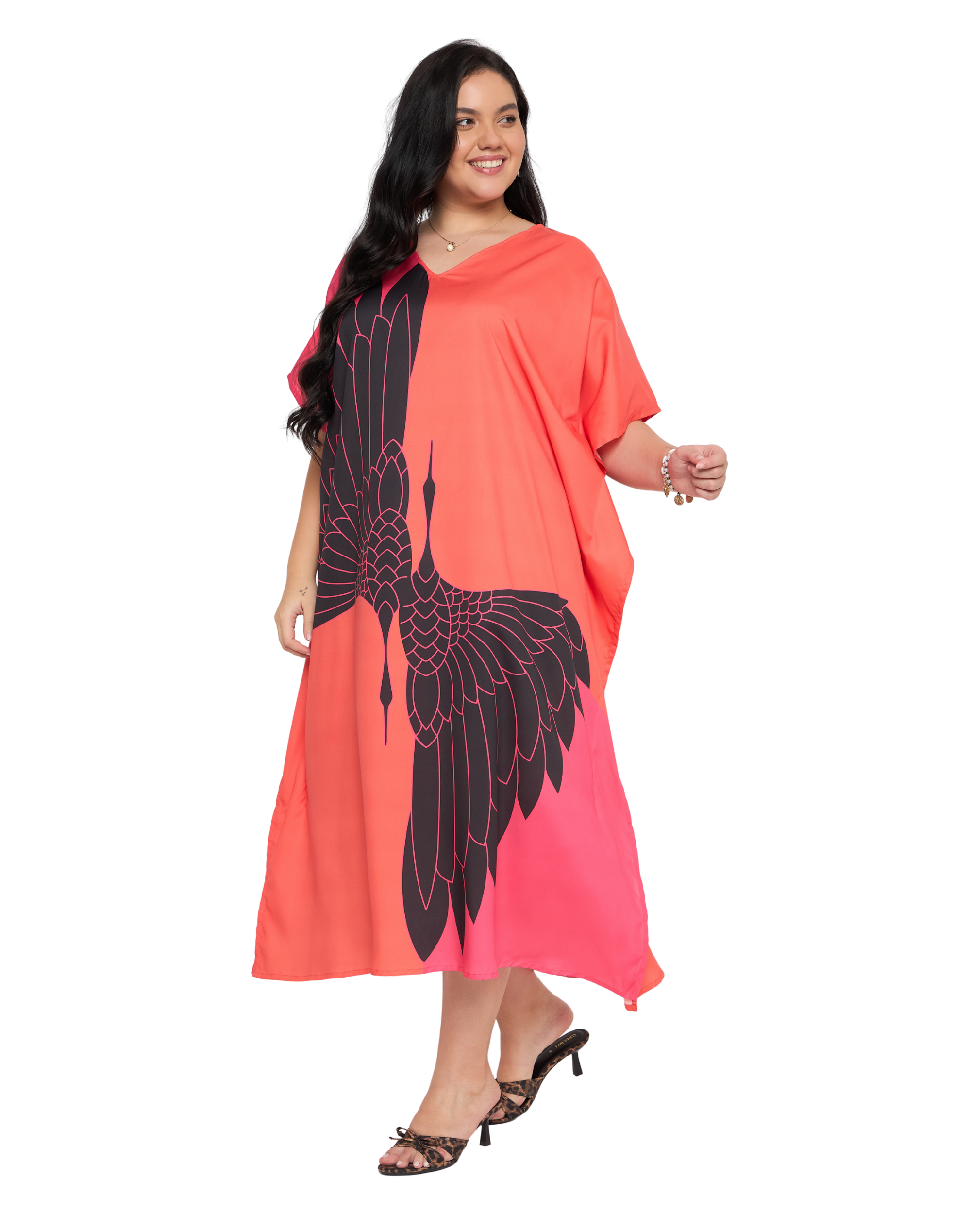 Tangerine Red Women Plus Size Polyester Caftan Dress