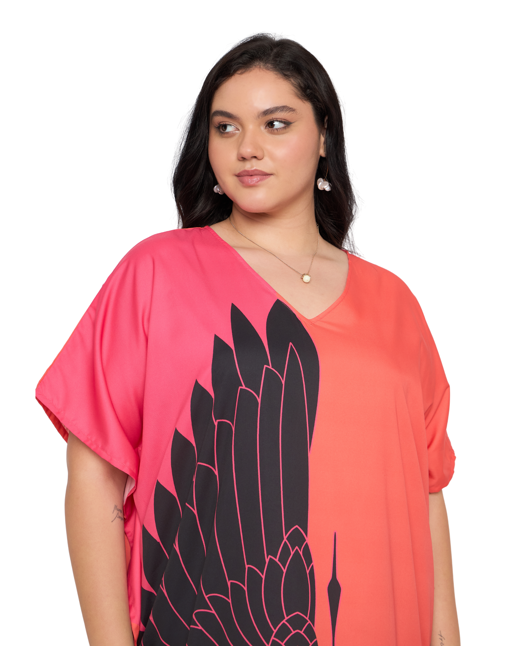 Tangerine Red Women Plus Size Polyester Caftan Dress