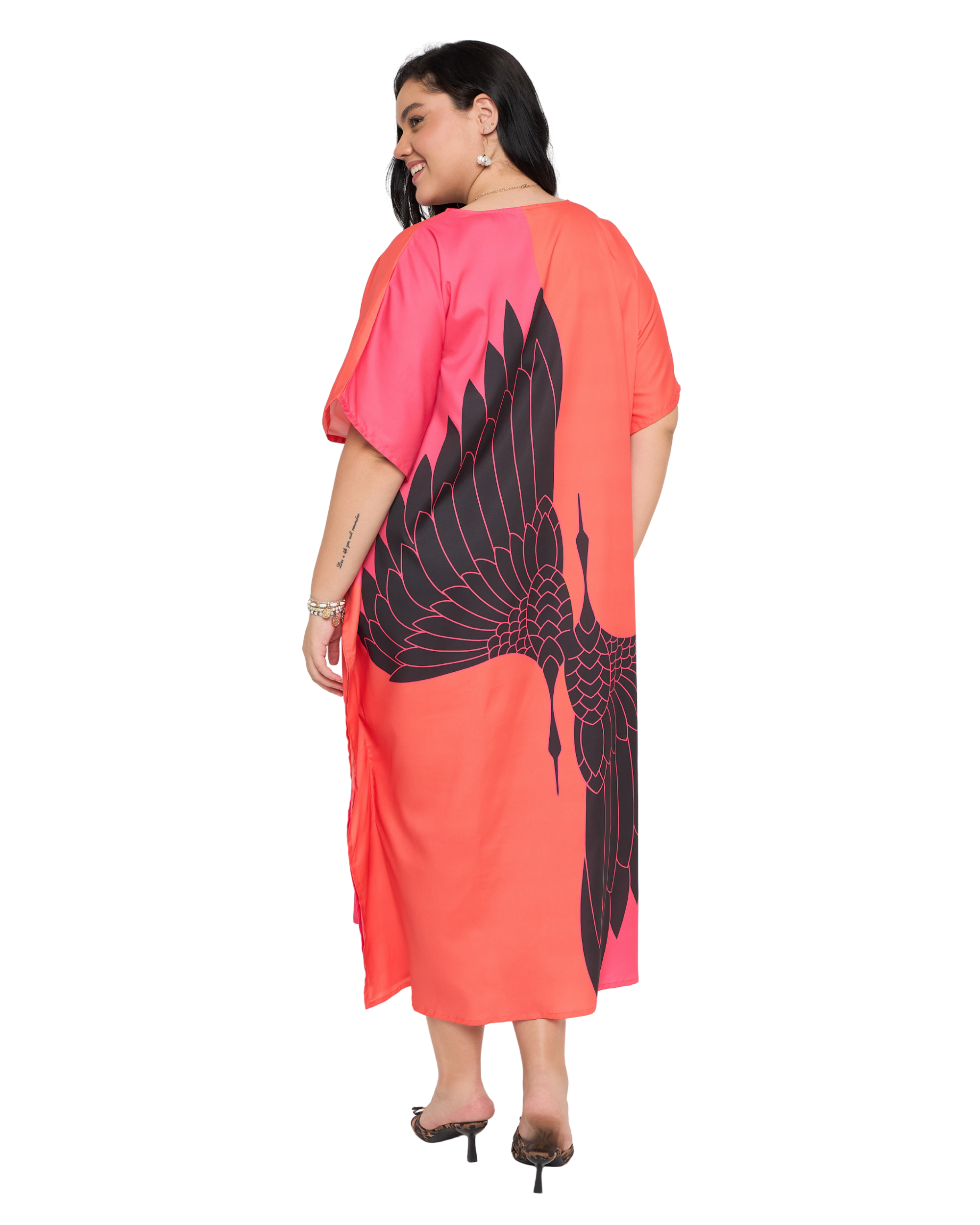 Tangerine Red Women Plus Size Polyester Caftan Dress