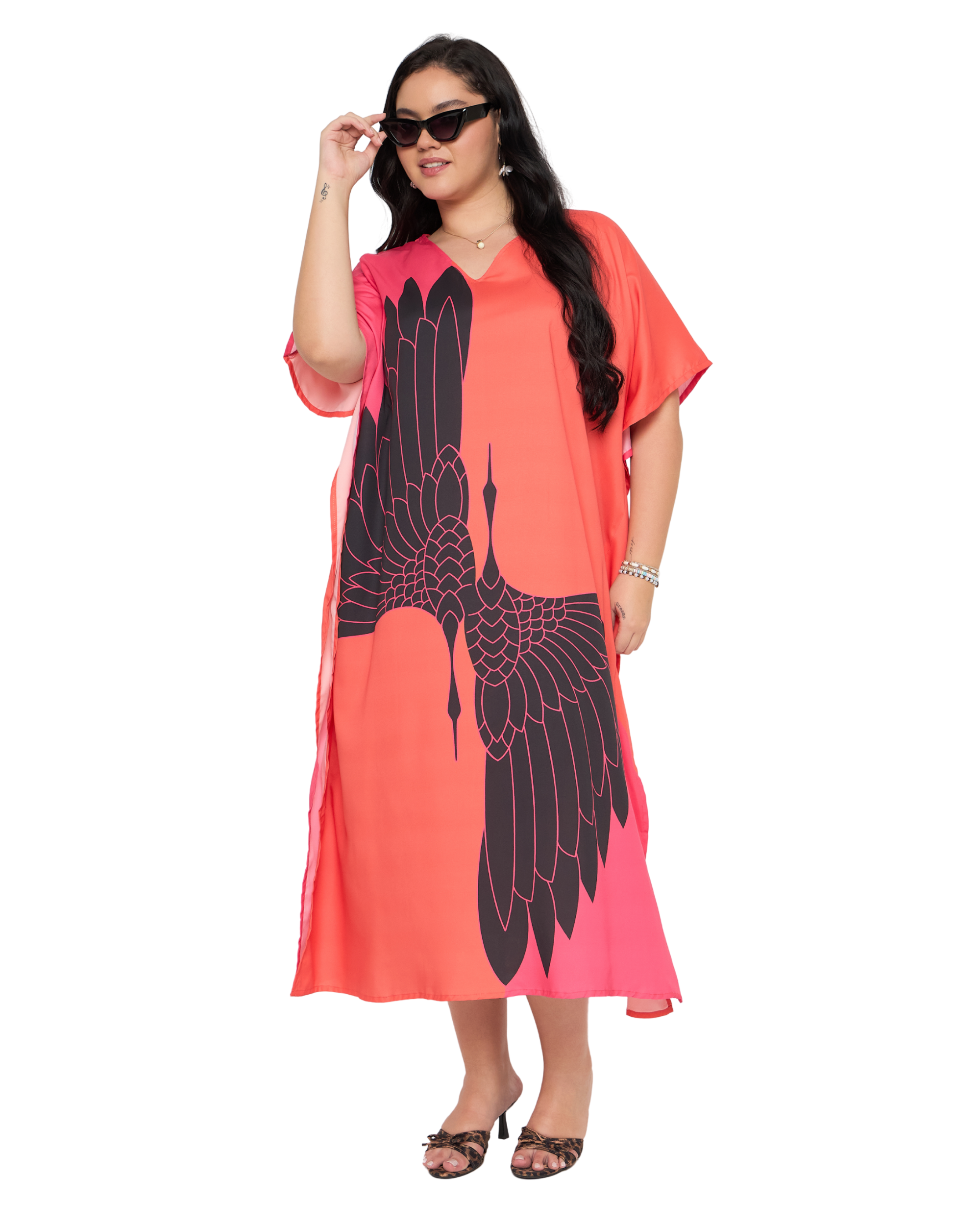Tangerine Red Women Plus Size Polyester Caftan Dress