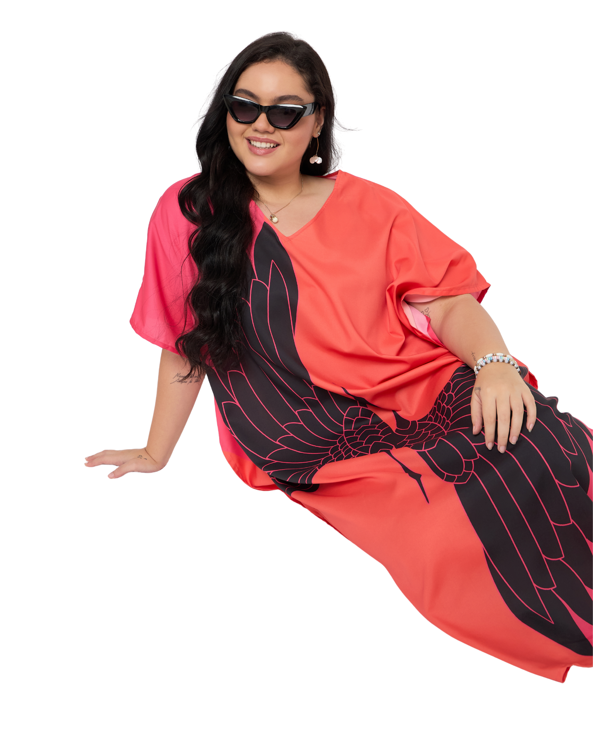 Tangerine Red Women Plus Size Polyester Caftan Dress