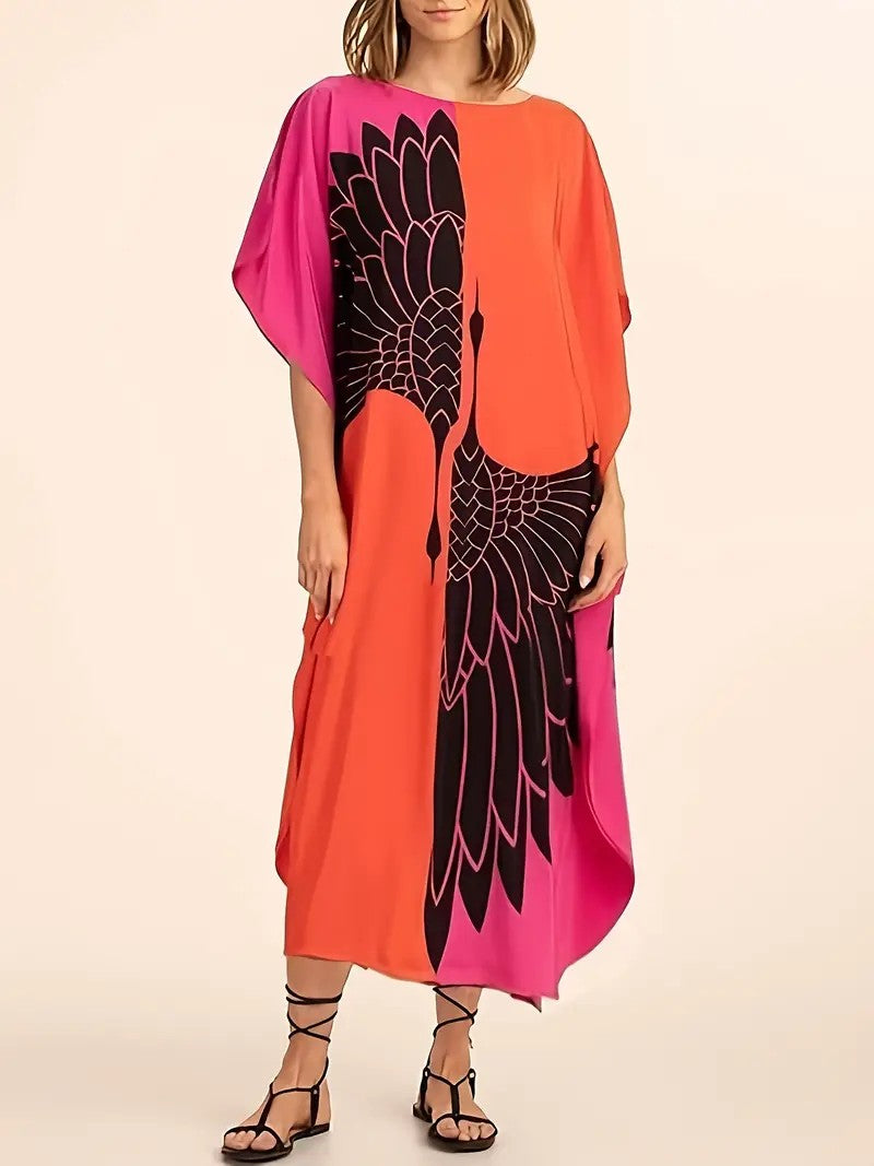 Animal Tangerine Red Women Plus Size Polyester Caftan Dress