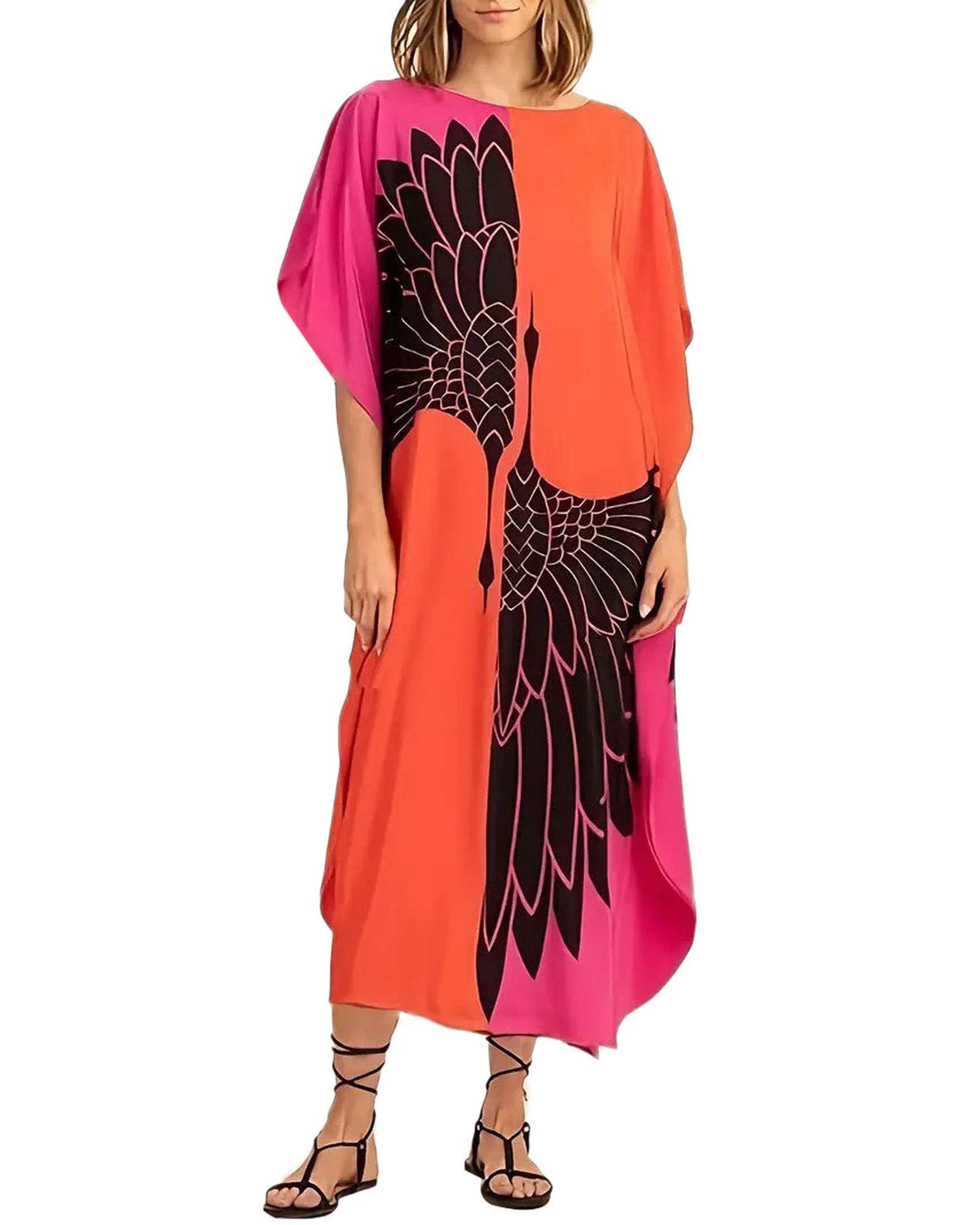 Animal Tangerine Red Women Plus Size Polyester Caftan Dress