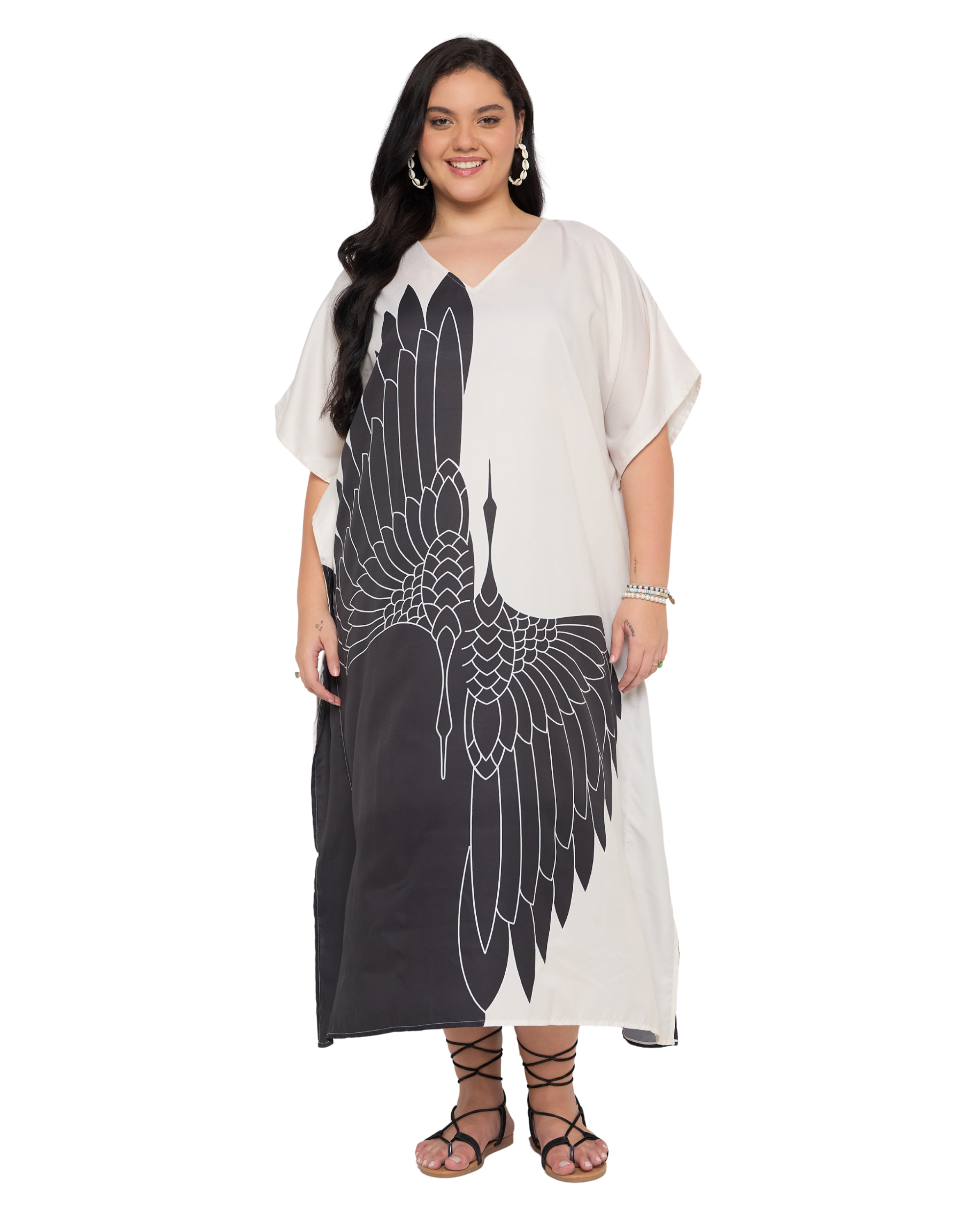 Animal Cream Polyester Elegant Plus Size Kaftan Dress for Women