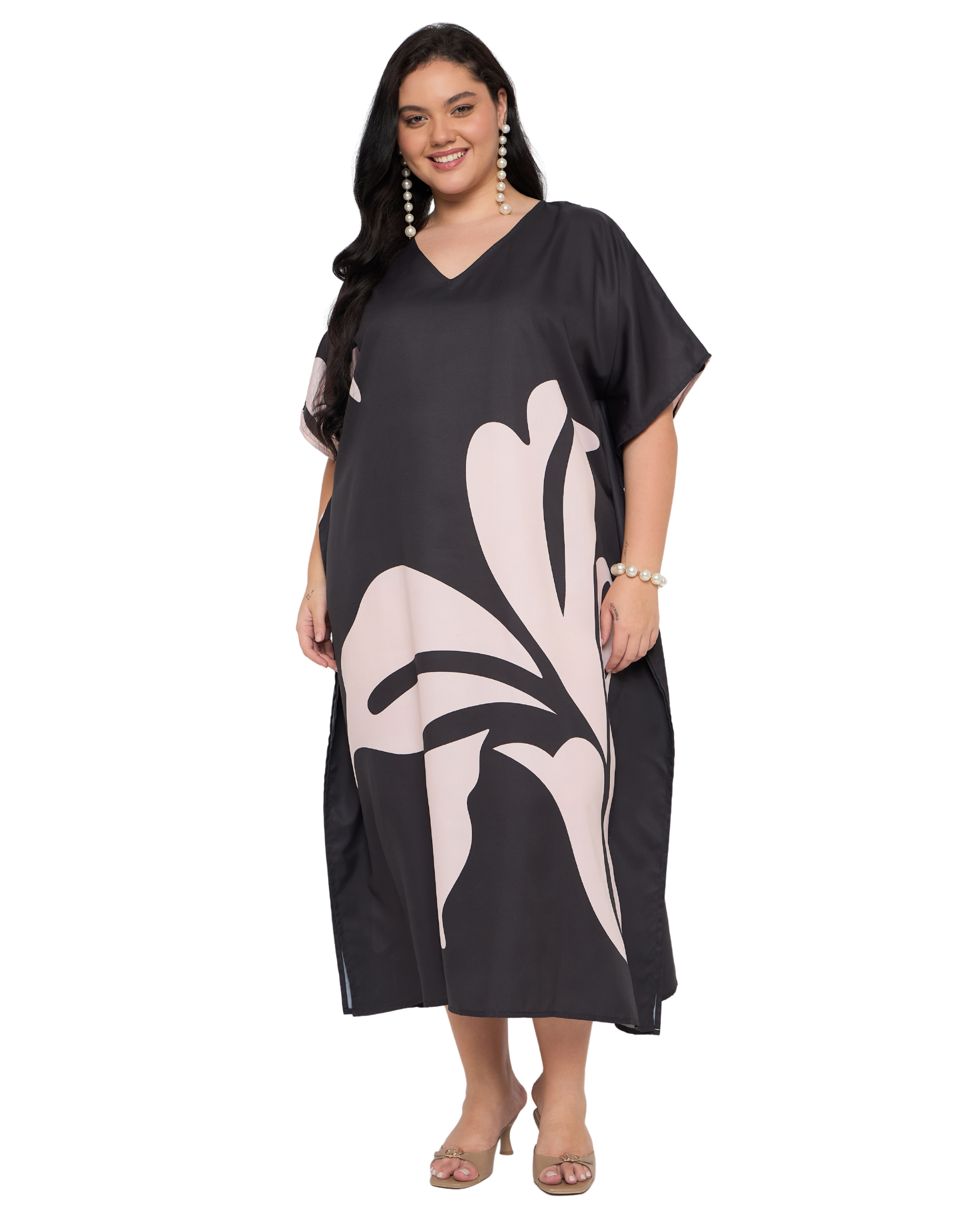 Floral Black Off White Polyester Casual Plus Size Caftan Dress for Women