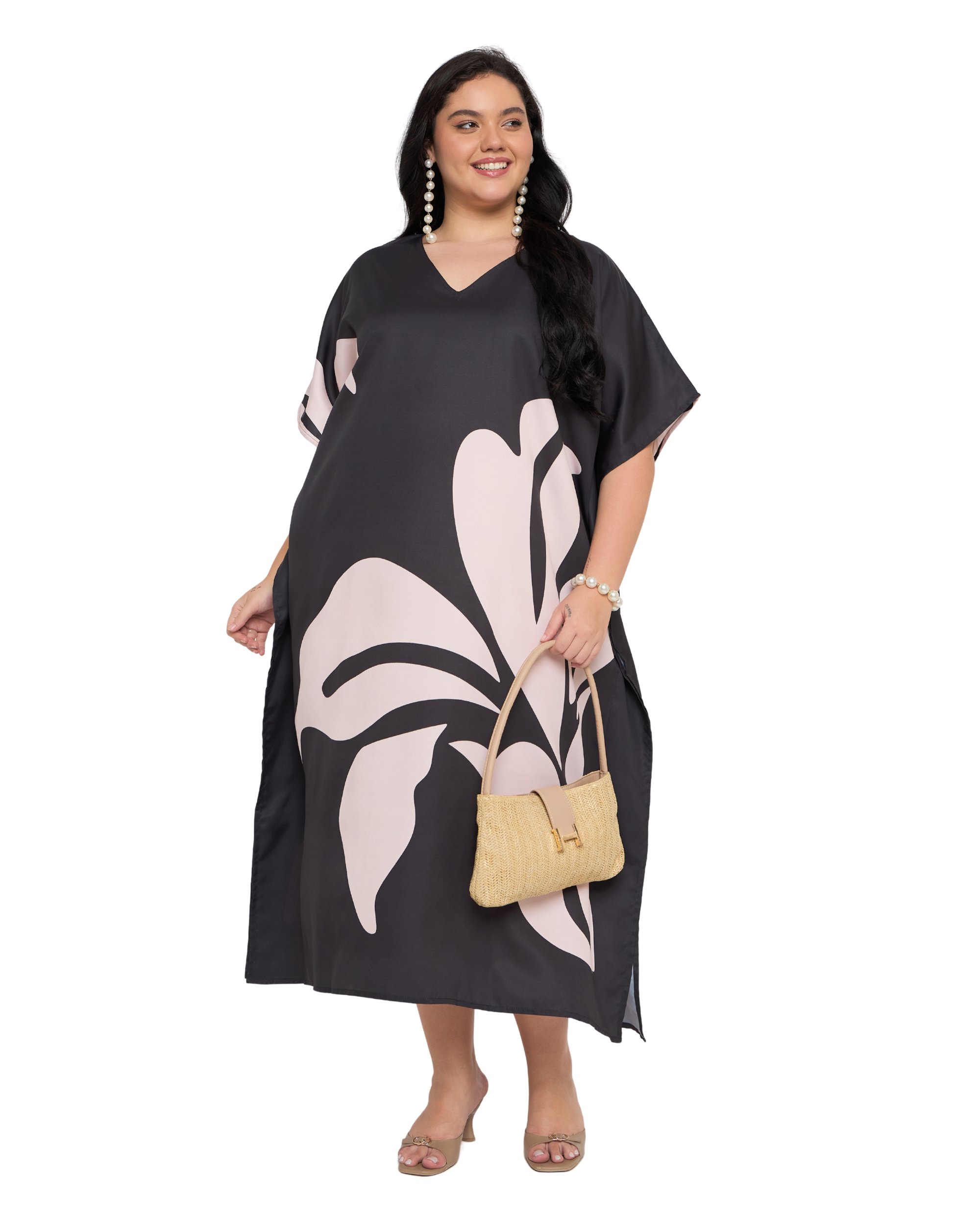 Floral Black Off White Polyester Casual Plus Size Caftan Dress for Women