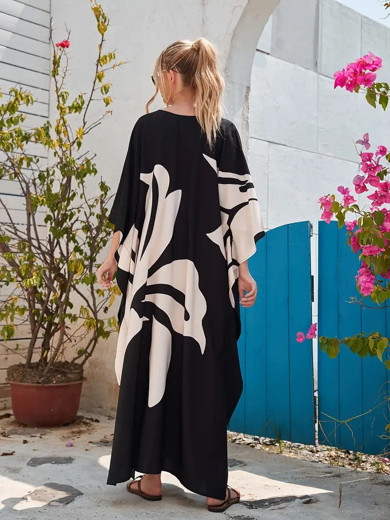 Floral Black White Polyester Casual Plus Size Caftan Dress for Women